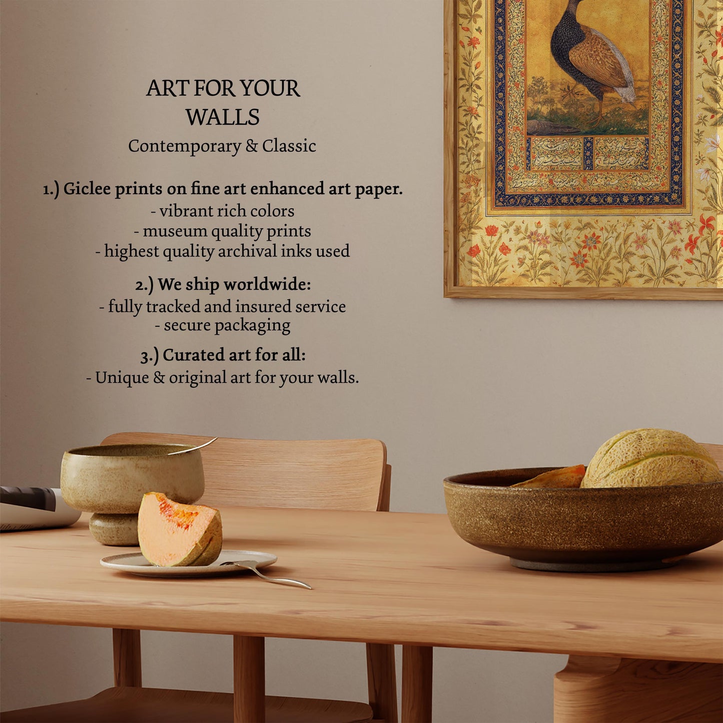 The image is a wall art display featuring a framed painting of a bird, a wooden table with a bowl and a slice of fruit, and a list of art services offered.