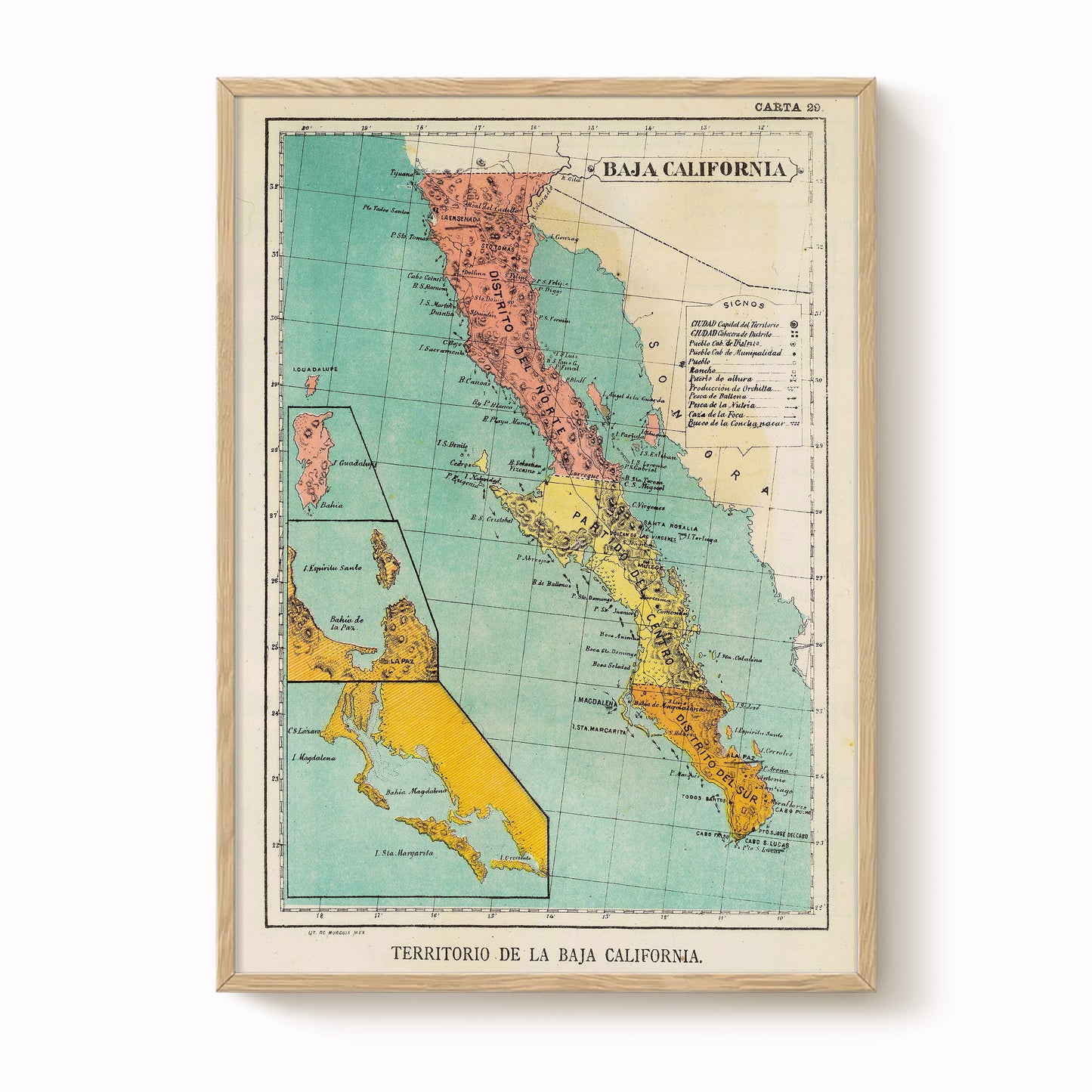 The image is a vintage map of the Baja California region, depicting the coastline and surrounding areas in a colorful and detailed manner.
