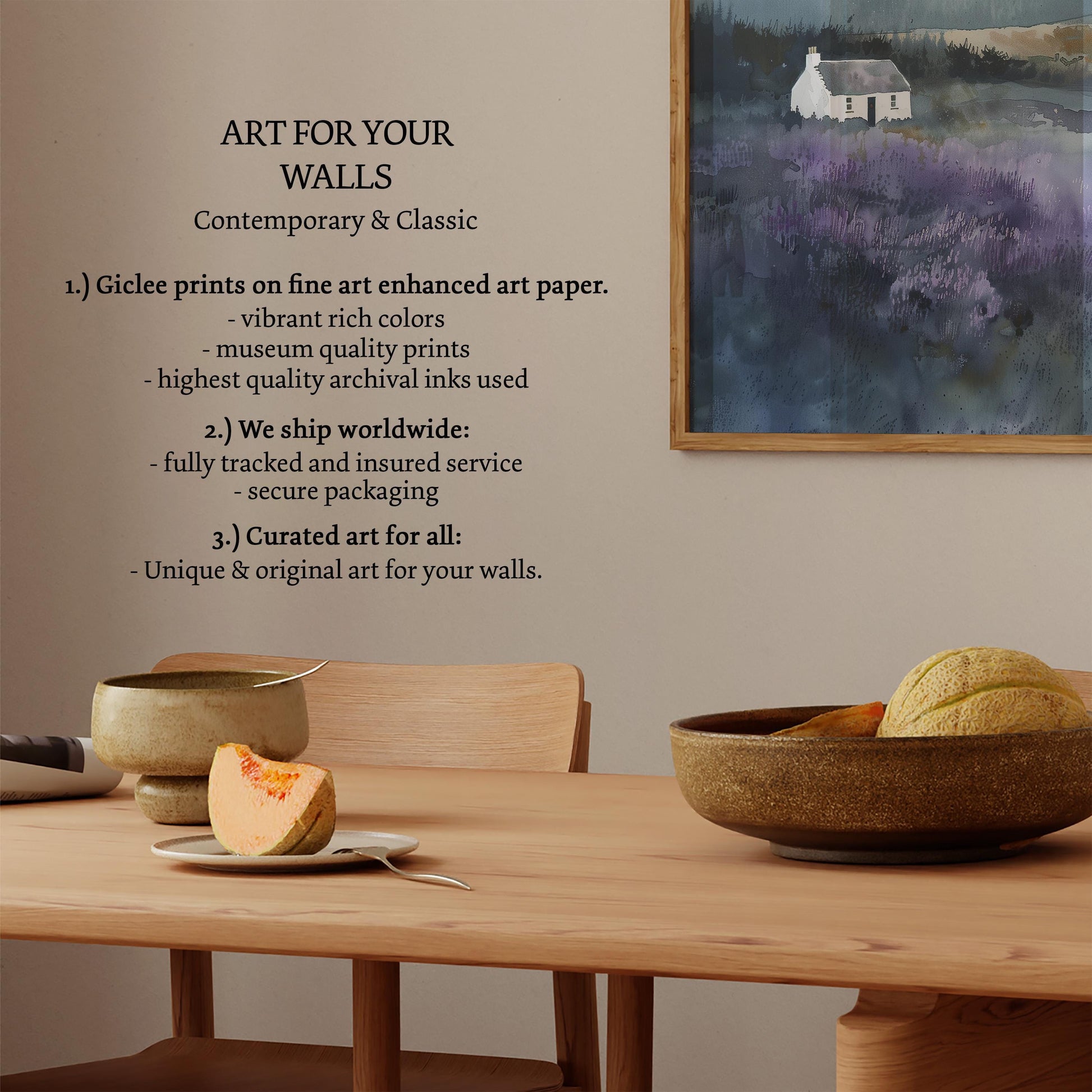 The image is a wall art display featuring a painting of a house in a field, a wooden table with a bowl of fruit, and a list of art services offered.