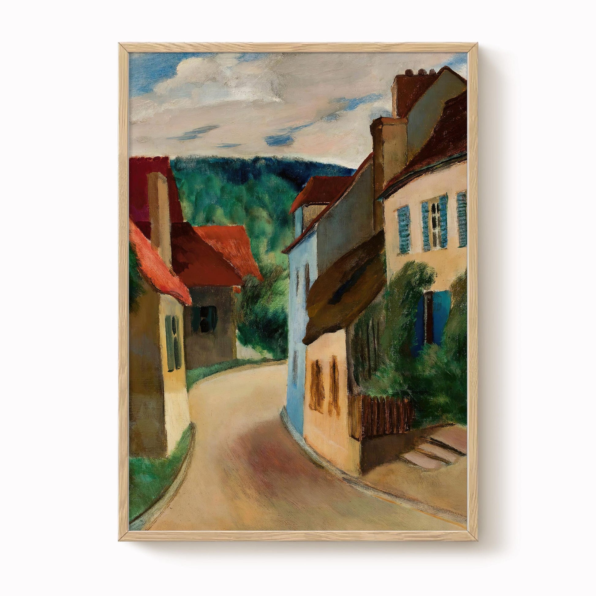 The image is a painting depicting a quaint village street with colorful houses and a winding road.