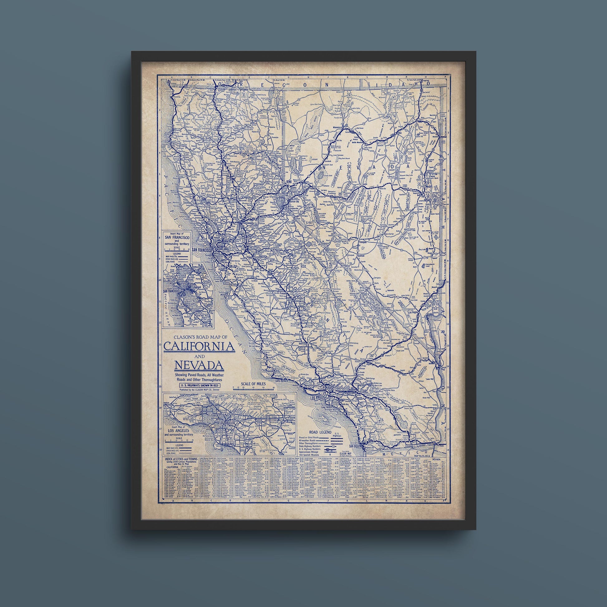 The image is a framed vintage map of California and Nevada, depicting the extensive road networks and geographical layout of the two states.