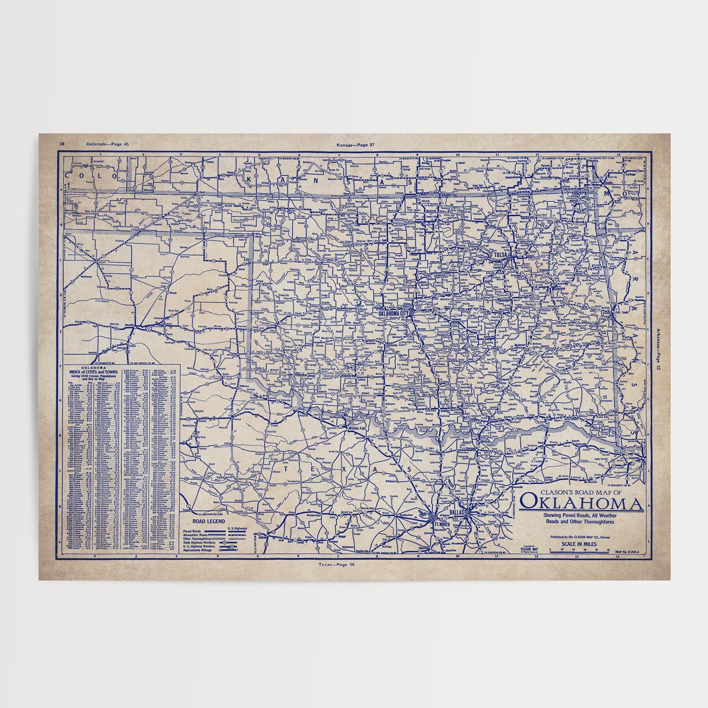 The image is a vintage map of the state of Oklahoma, showing the state's roads and highways in a detailed and intricate manner.
