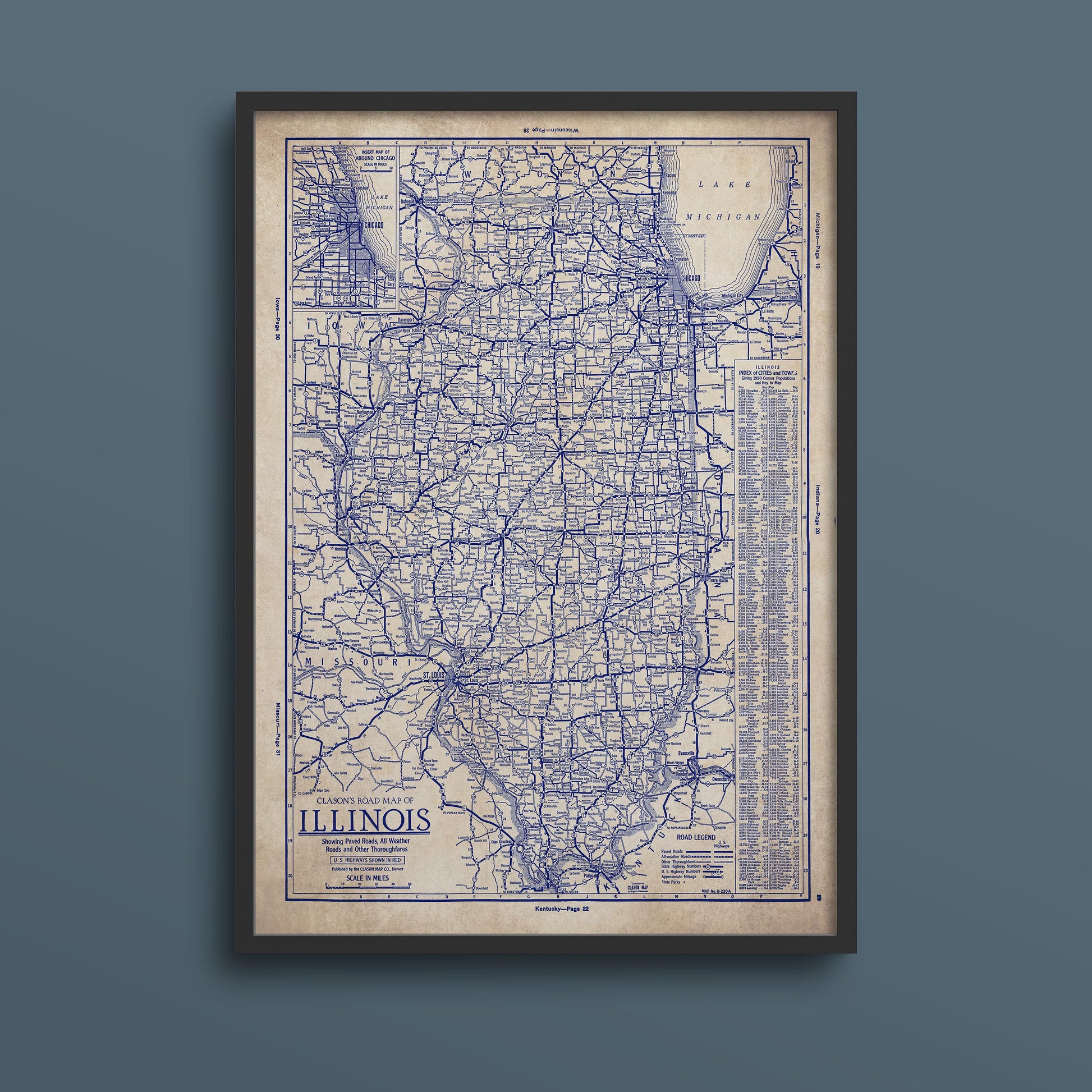 The image is a framed vintage map of Illinois, showing the state's roads and highways in a detailed and intricate manner.