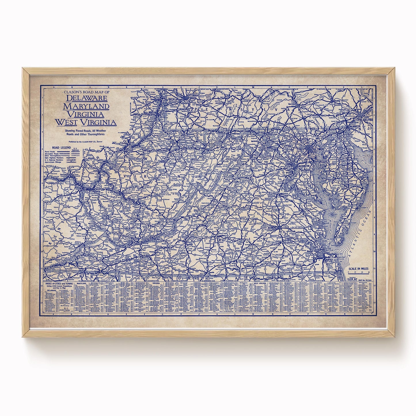 The image is a framed vintage map of the Delaware, Virginia, and West Virginia region, depicting a detailed network of roads and highways.