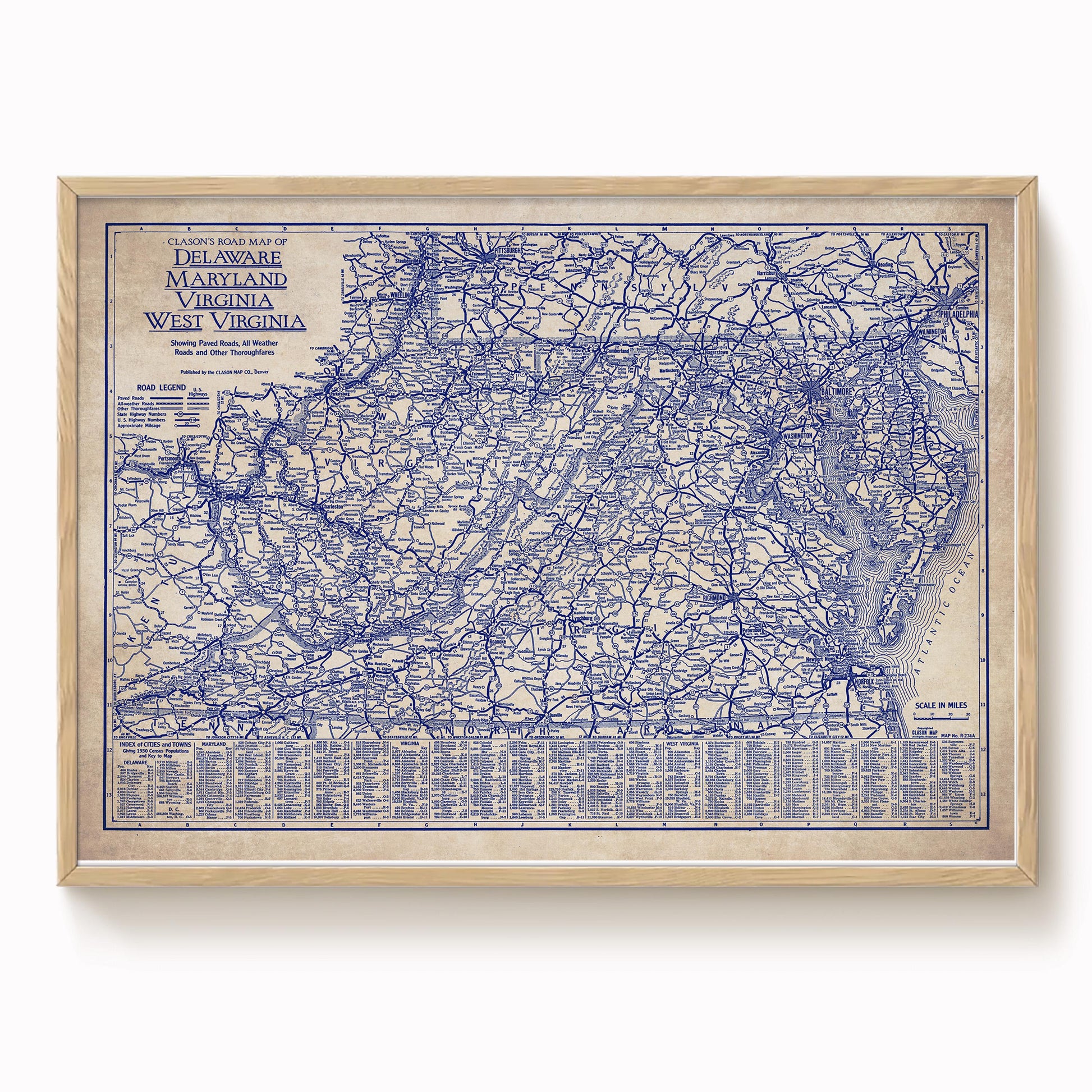 The image is a framed vintage map of the Delaware, Virginia, and West Virginia region, depicting a detailed network of roads and highways.