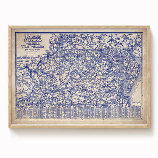 The image is a framed vintage map of the Delaware, Virginia, and West Virginia region, depicting a detailed network of roads and highways.