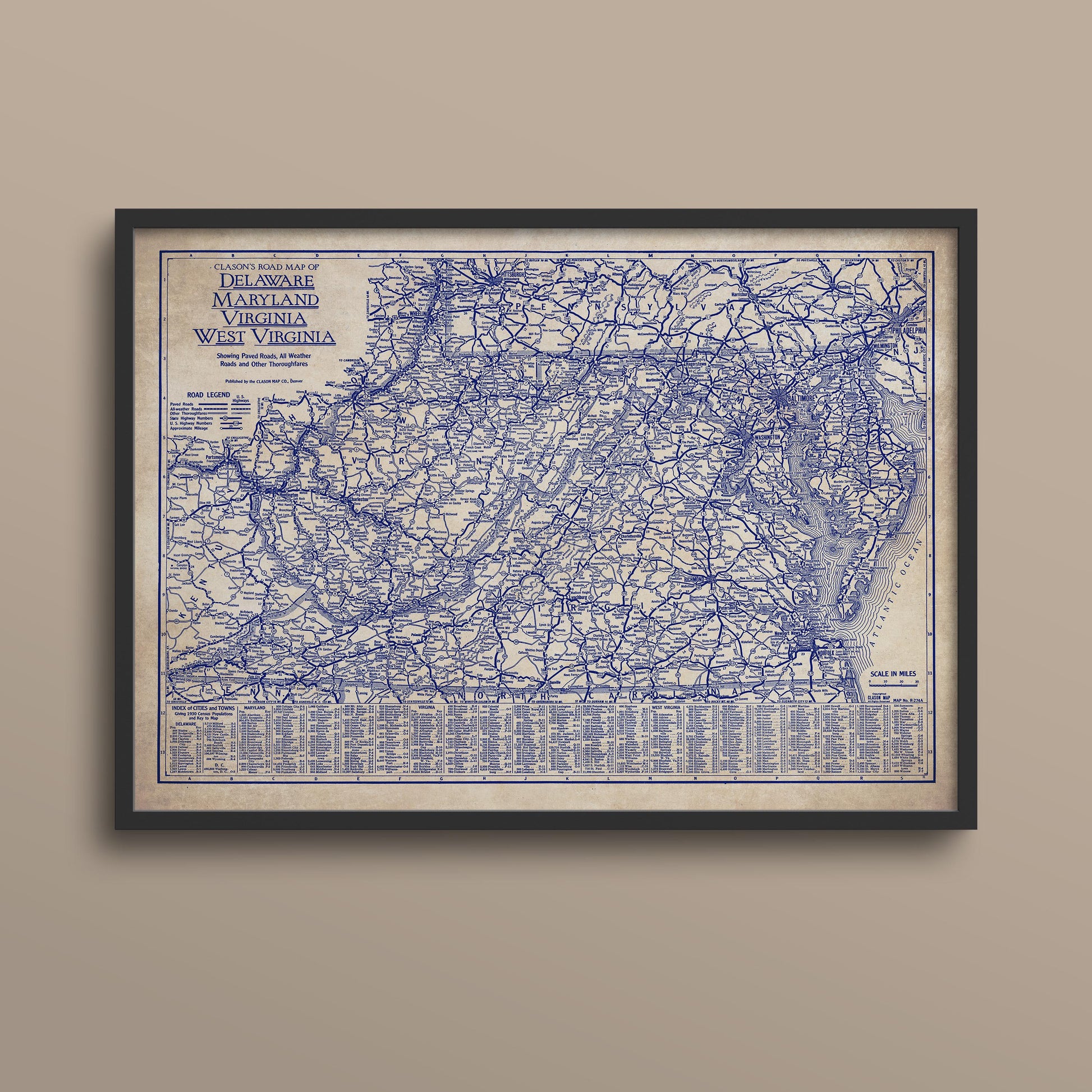 The image is a framed vintage map of the eastern United States, depicting the eastern United States, including Virginia, Maryland, and West Virginia.