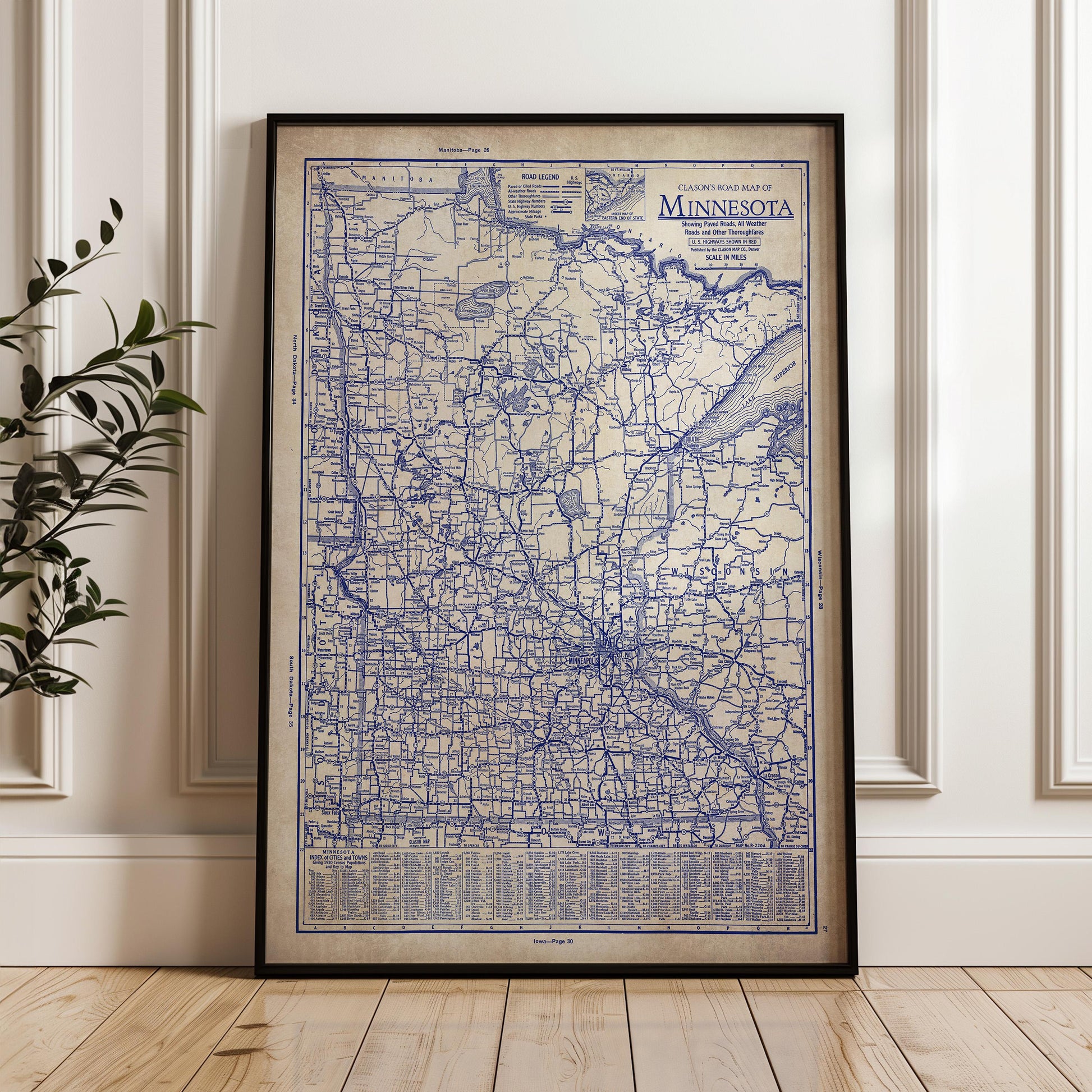 a framed map of Minnesota, a state in the United States of America.
