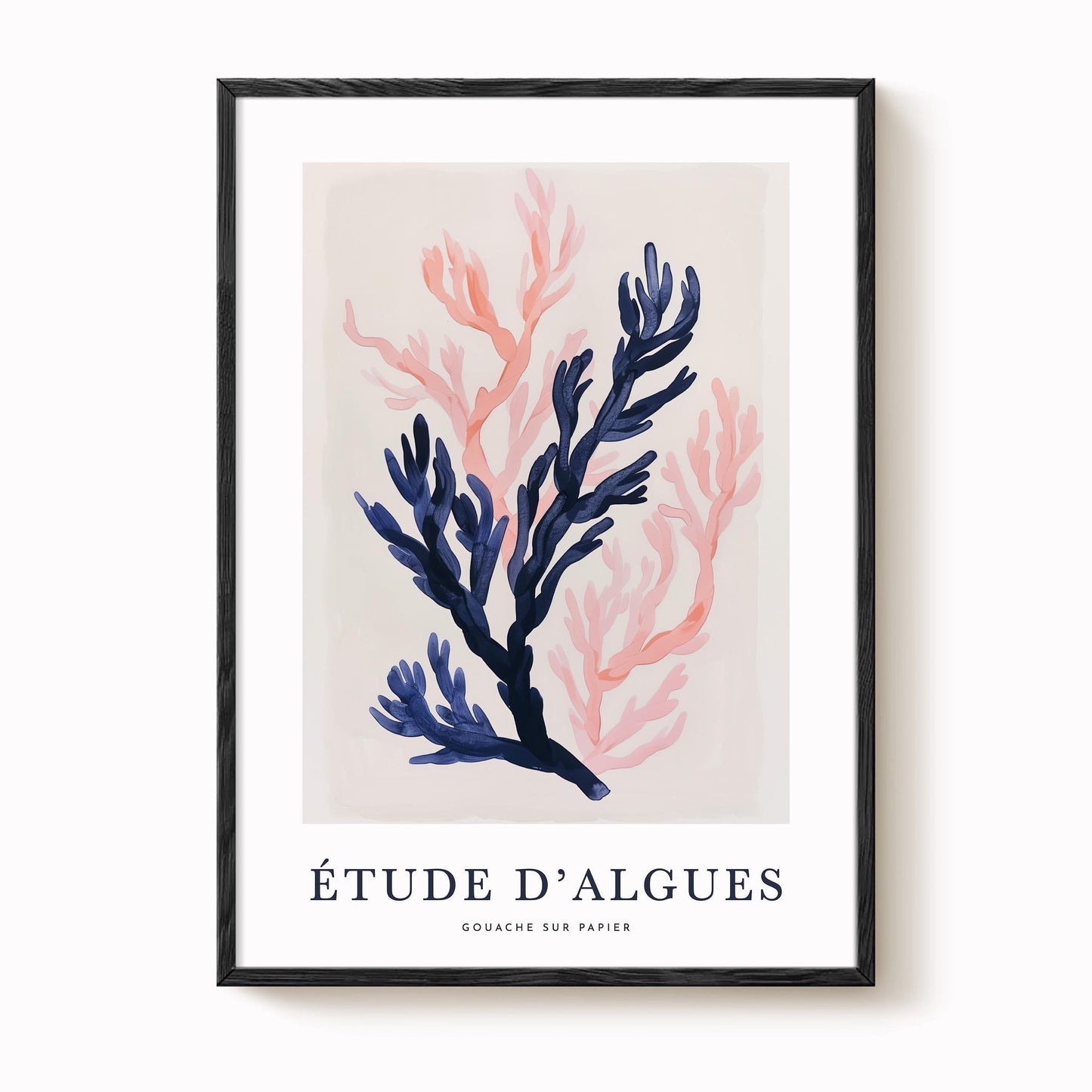 The image is a framed print featuring an abstract painting of a coral or plant with blue and pink hues.