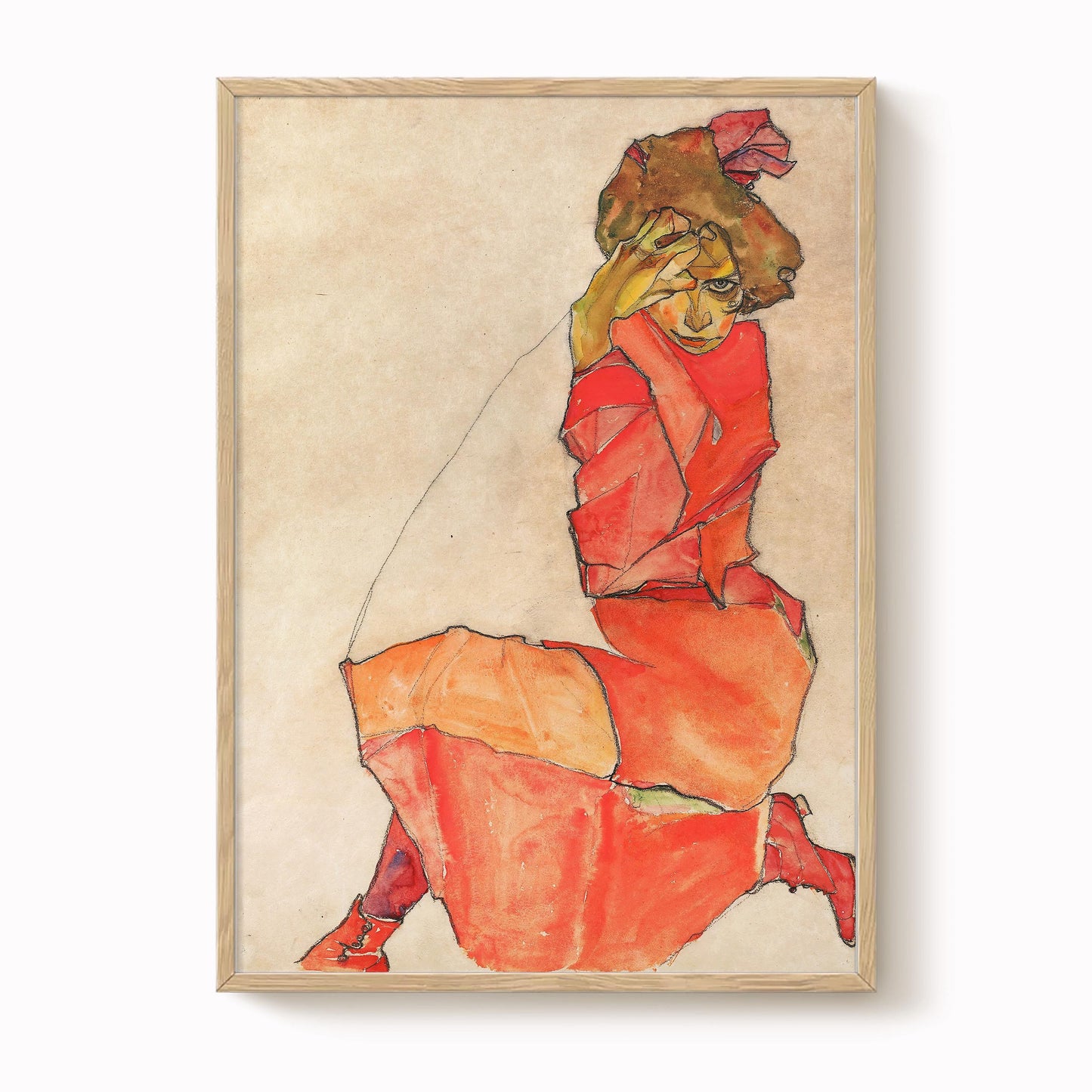 Egon Schiele - Kneeling Female in Orange-Red Dress Print