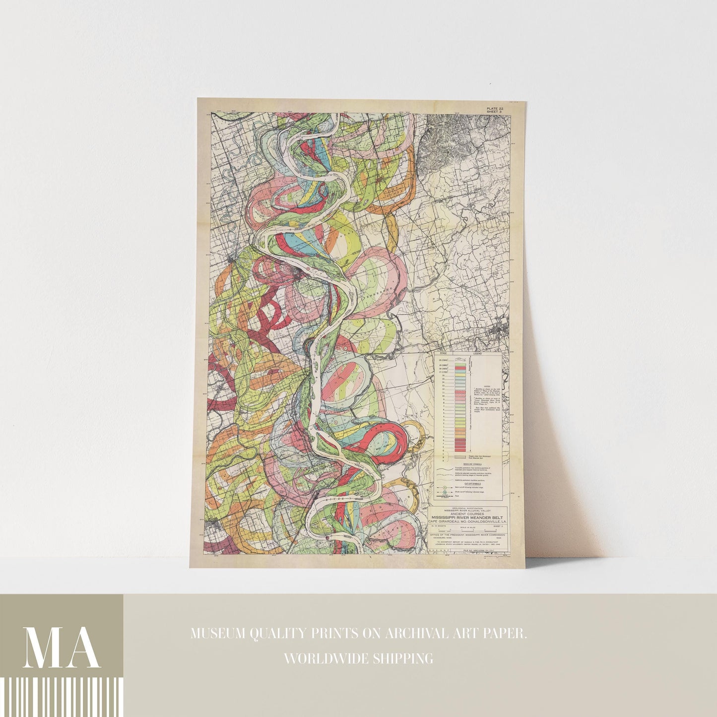 Harold Fisk Mississippi River Map Print, New Madrid to Caruthersville, Plate 22, Sheet 3