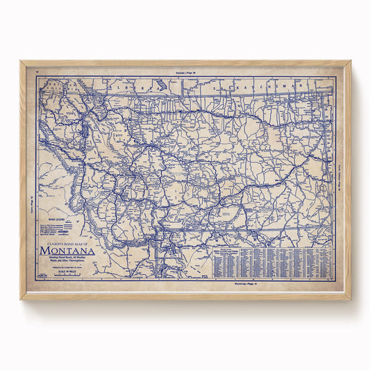 The image is a framed vintage map of Montana, depicting the state's roads and highways in a detailed and intricate manner.