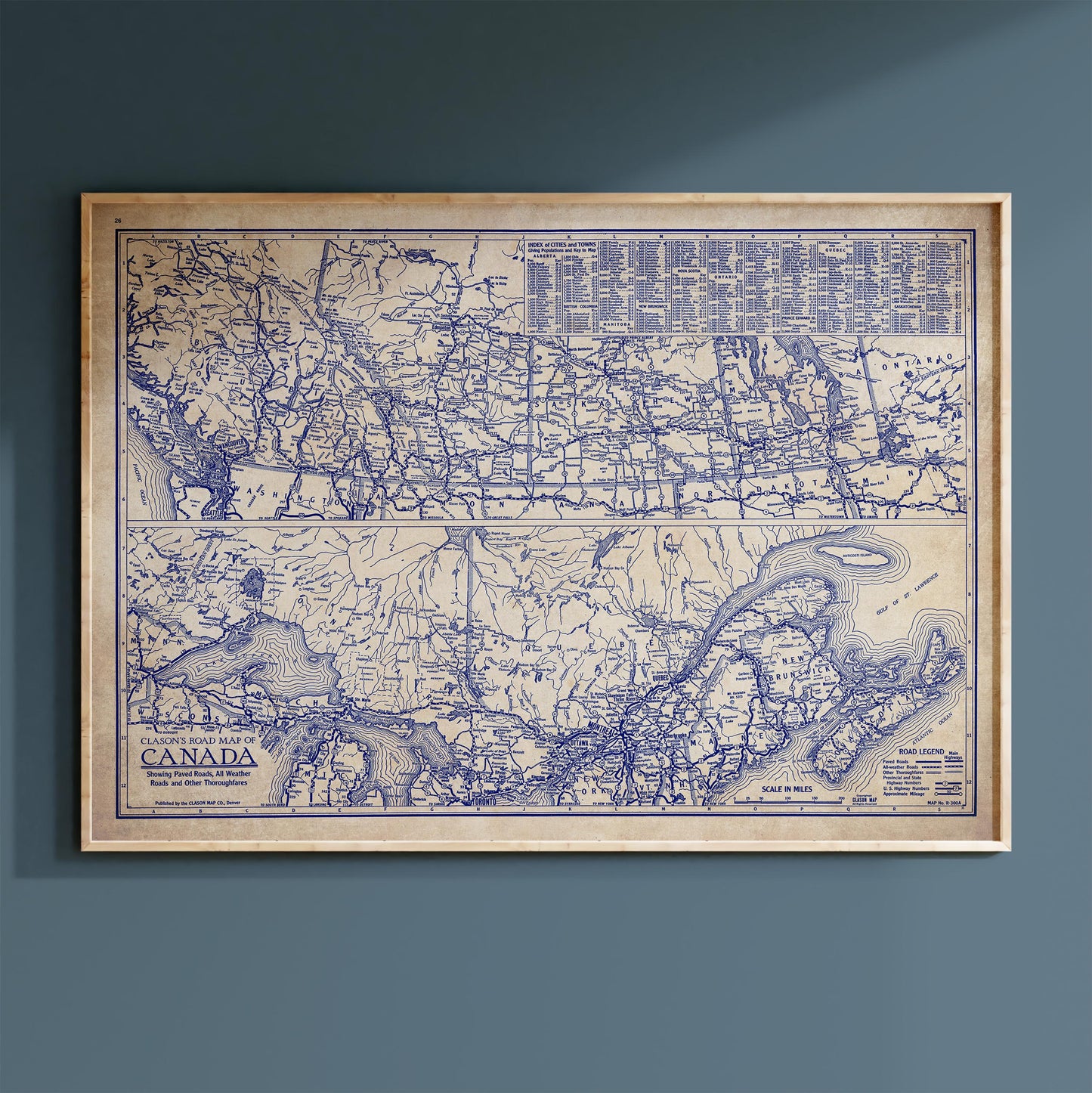 The image is a framed vintage map of Canada, depicting the country's geographical layout and major geographical features.