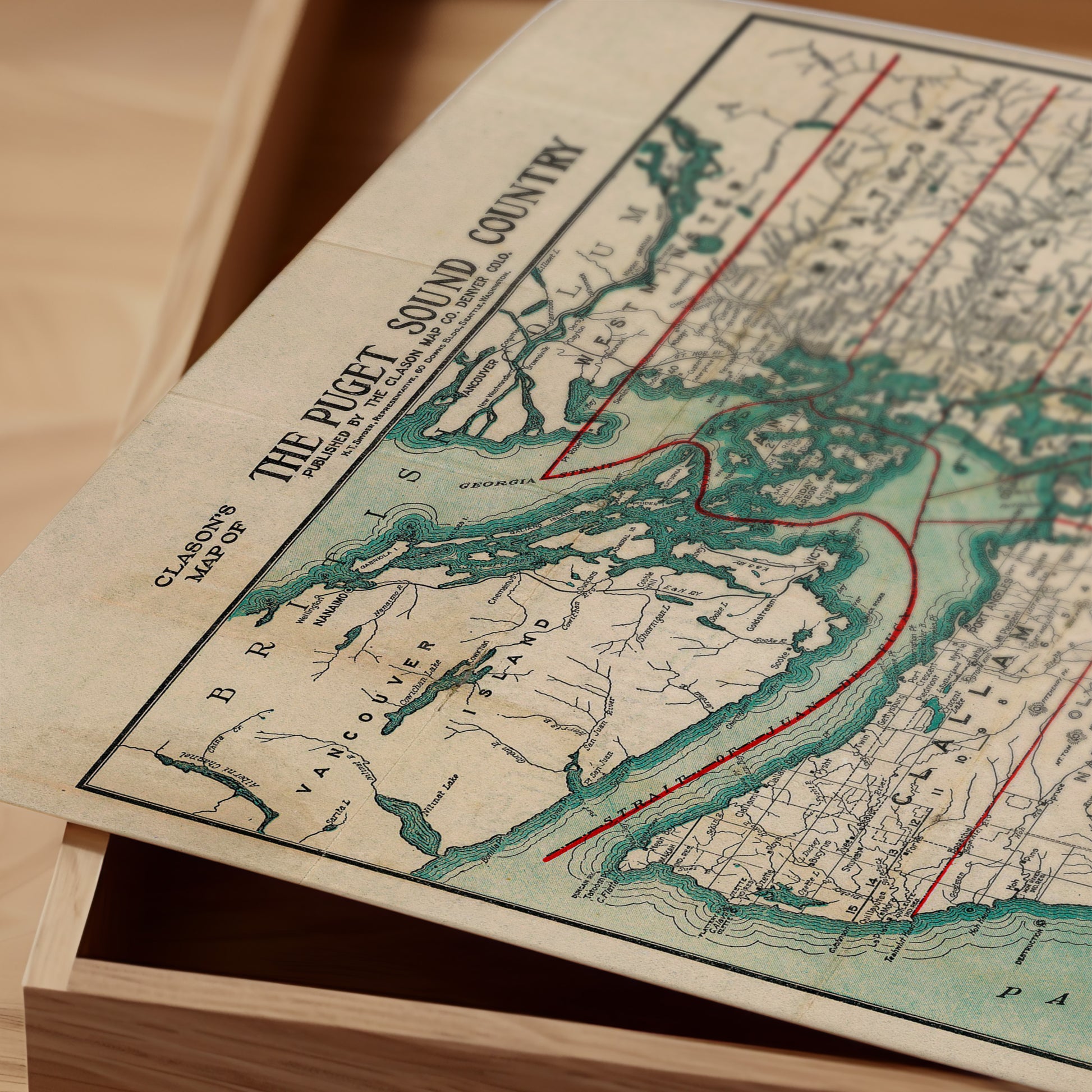 The image is a close-up of a map of the Puget Sound region, showing the coastline and surrounding areas.