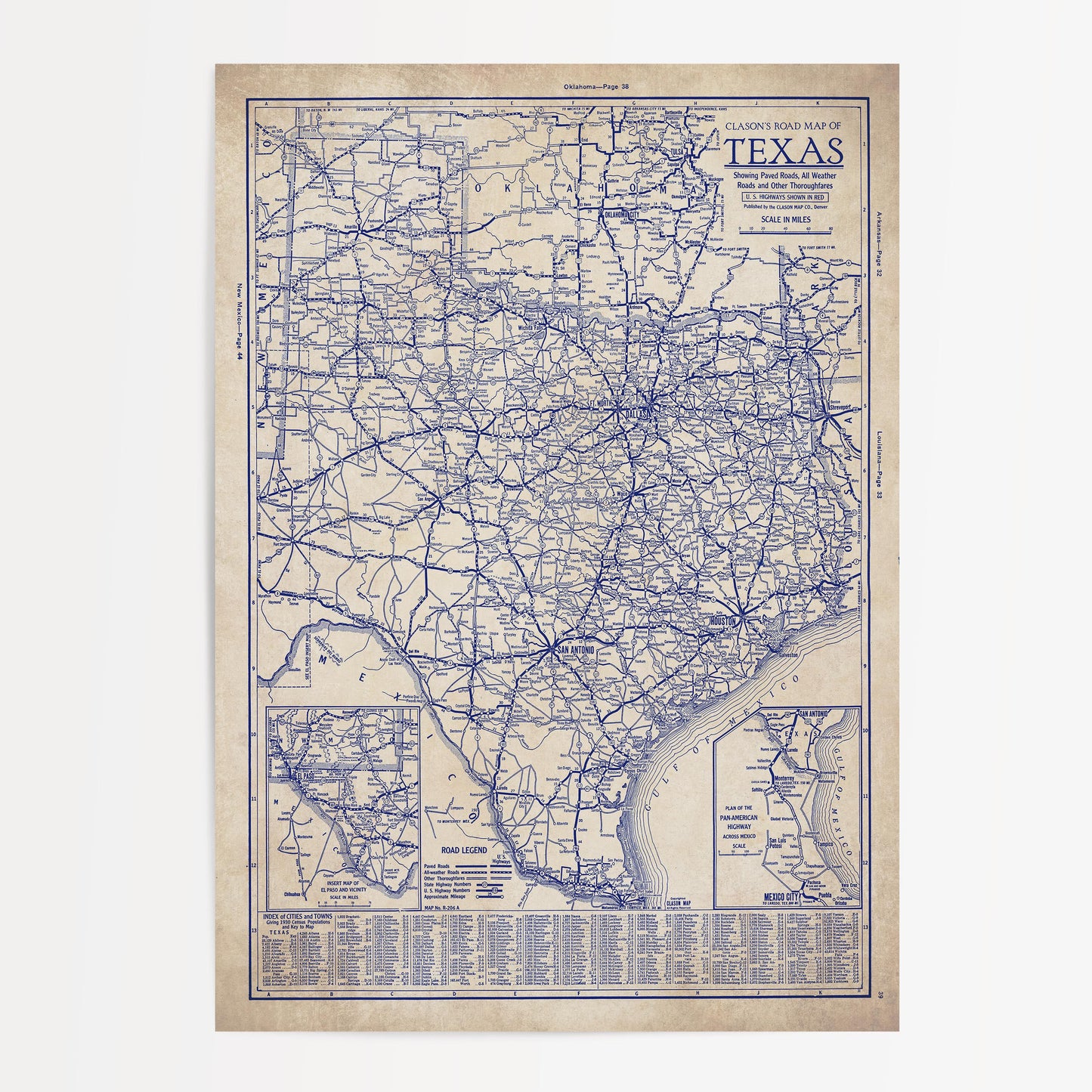 The image is a vintage map of Texas, showing the state's roads and highways in blue and white.