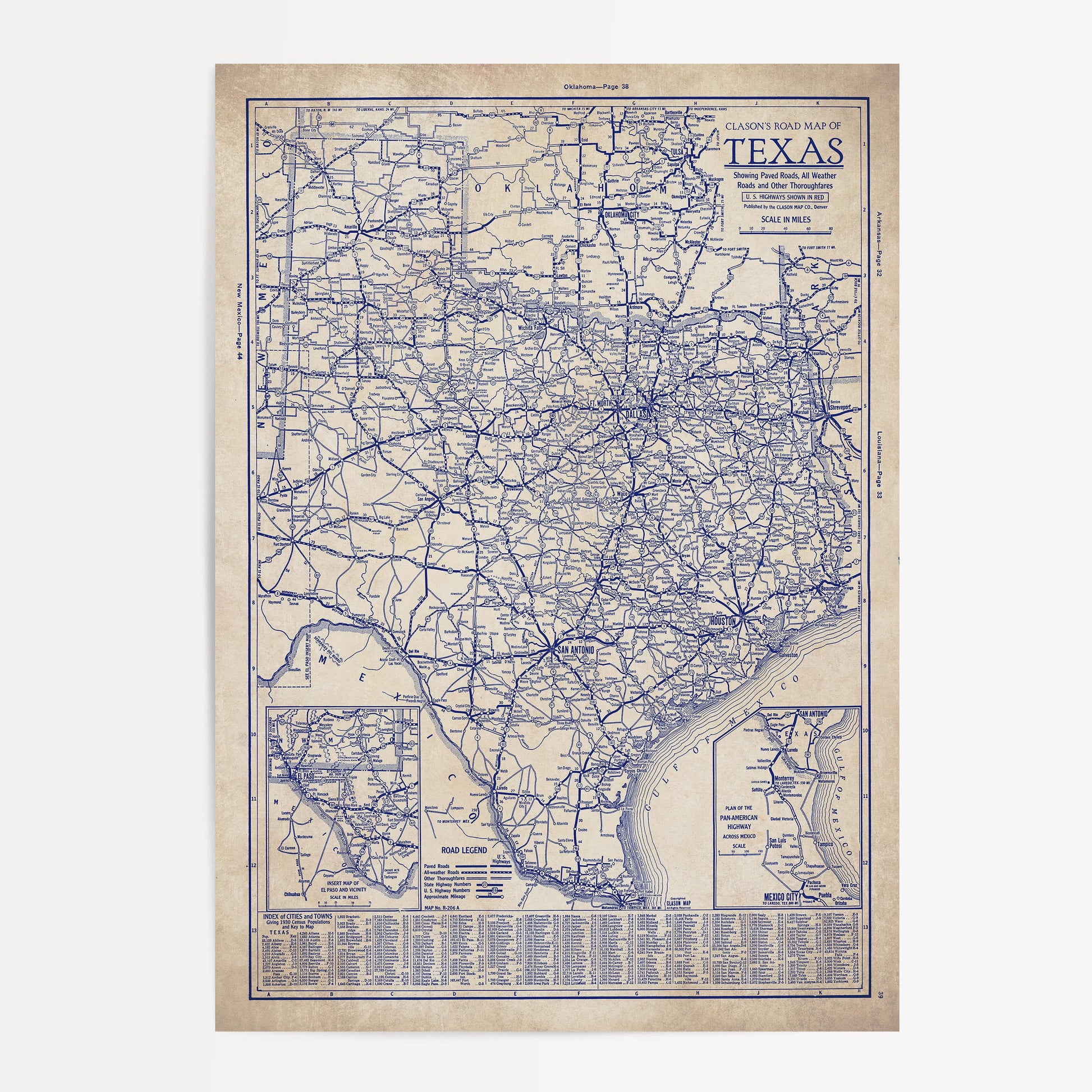 The image is a vintage map of Texas, showing the state's roads and highways in blue and white.