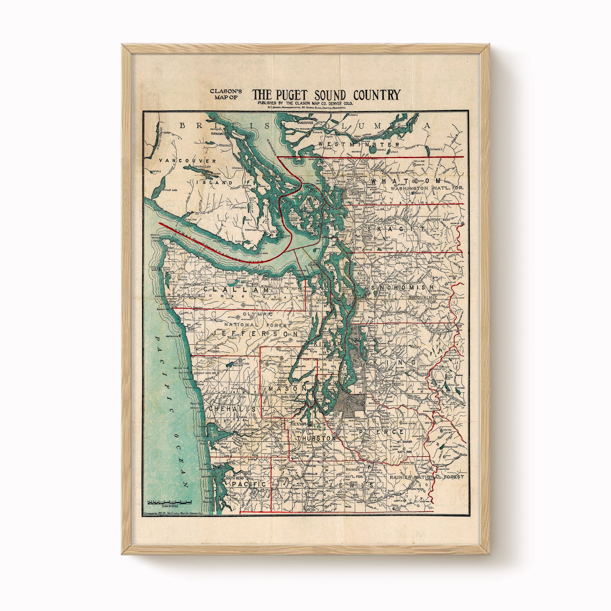 The image is a vintage map of the Puget Sound Country, depicting the region's geographical layout and surrounding areas.