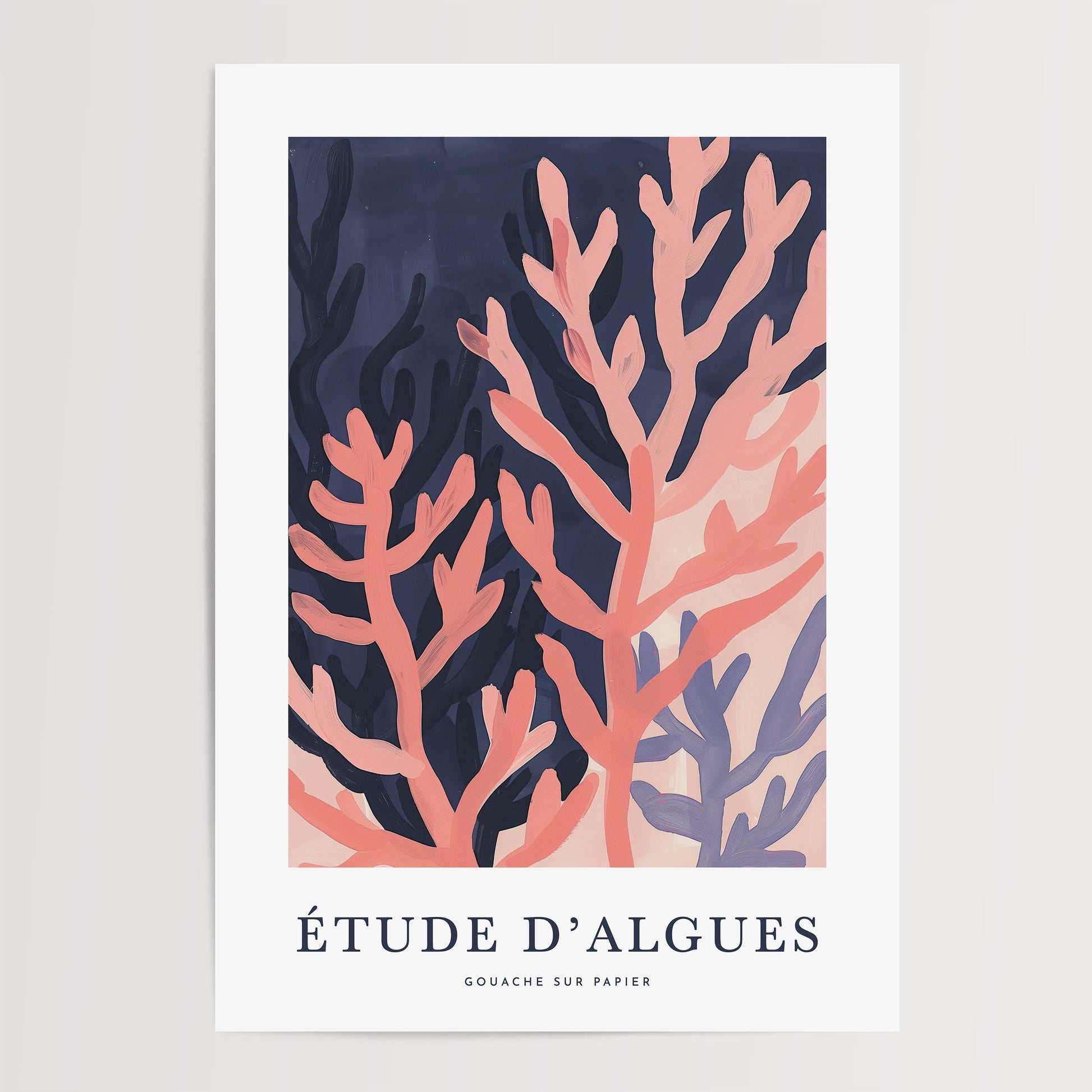 The image is a poster featuring a stylized illustration of coral or seaweed in shades of pink and blue, with the text "Étude D'Algues" and "Gouache sur papier" below it.