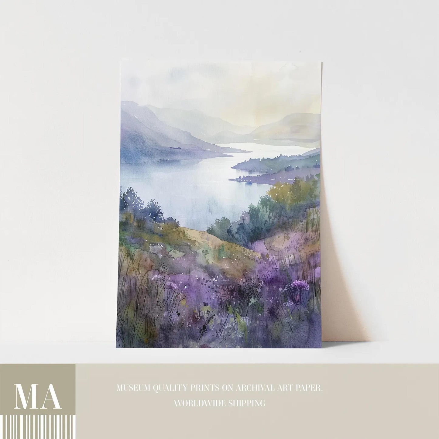 The image is a watercolor painting depicting a serene landscape with a lake, mountains, and a field of purple flowers.