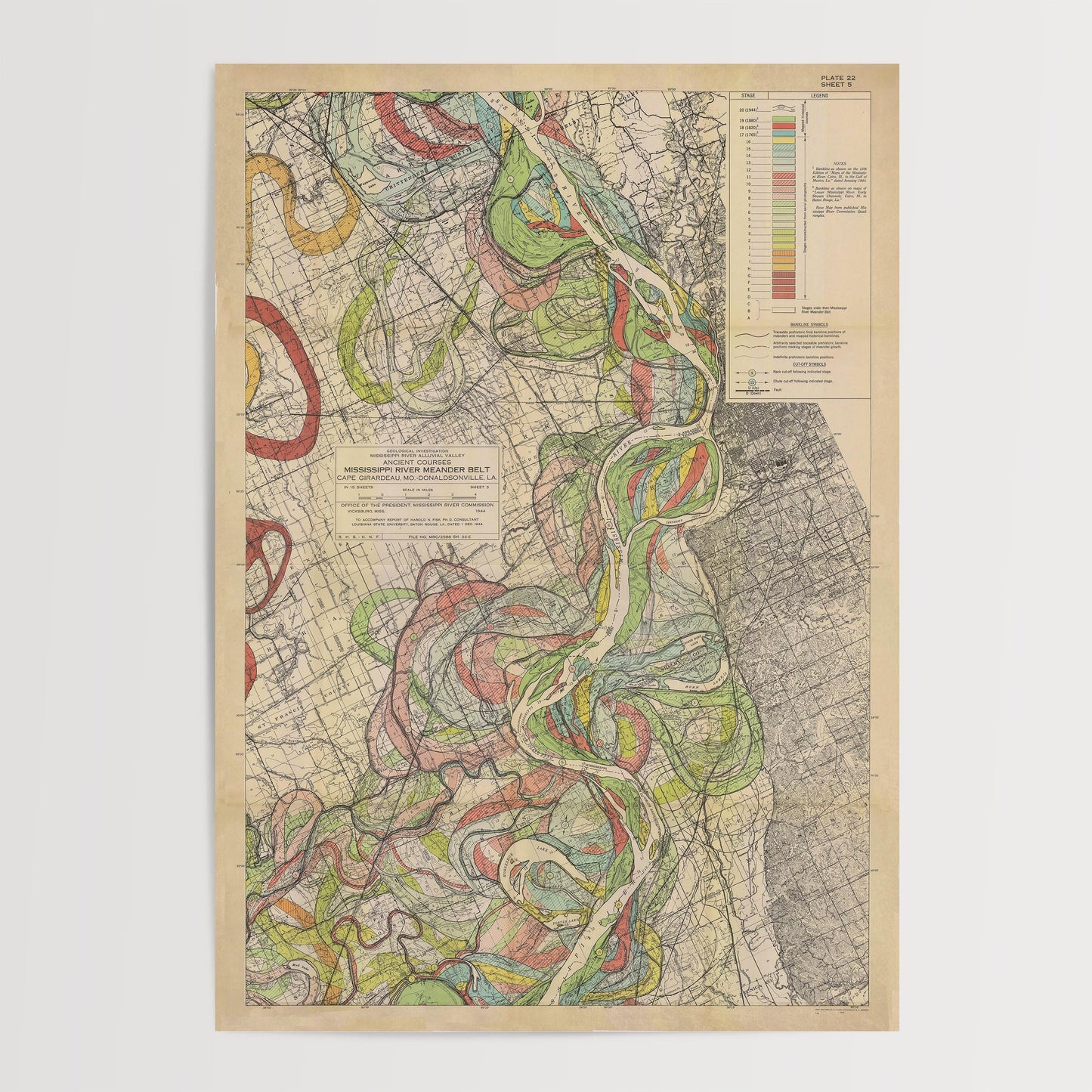 Harold Fisk Mississippi River Map Print, Osceola AR to Memphis TN, Plate 22, Sheet 5