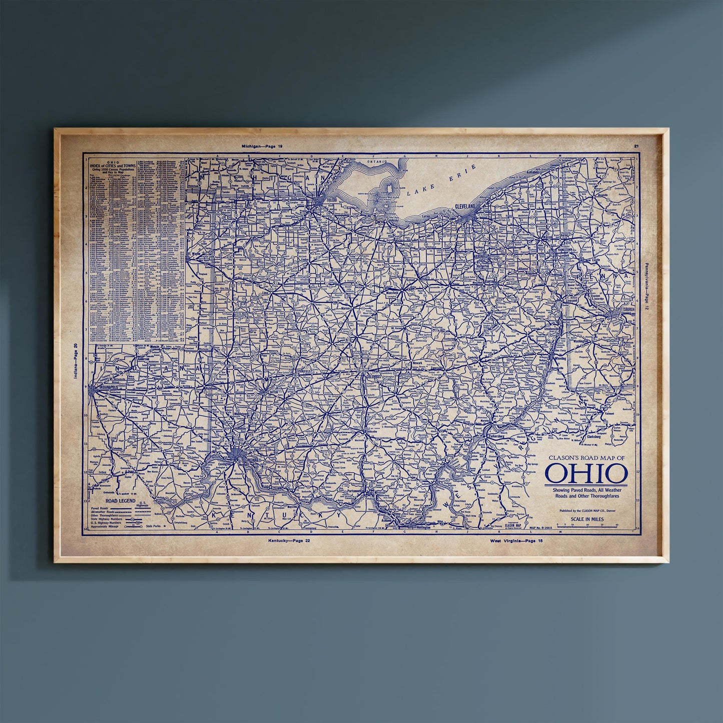 The image is a framed vintage map of the United States, specifically the state of Ohio.