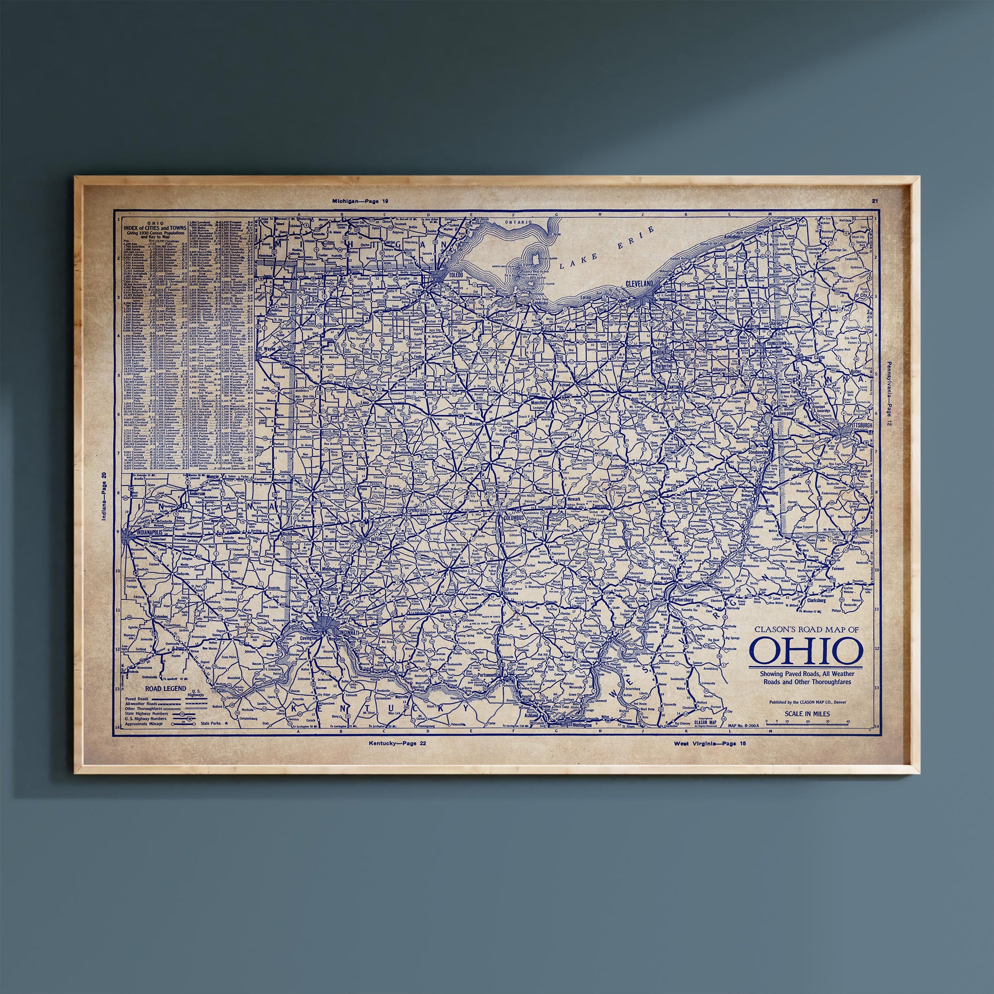 The image is a framed vintage map of the United States, specifically the state of Ohio.