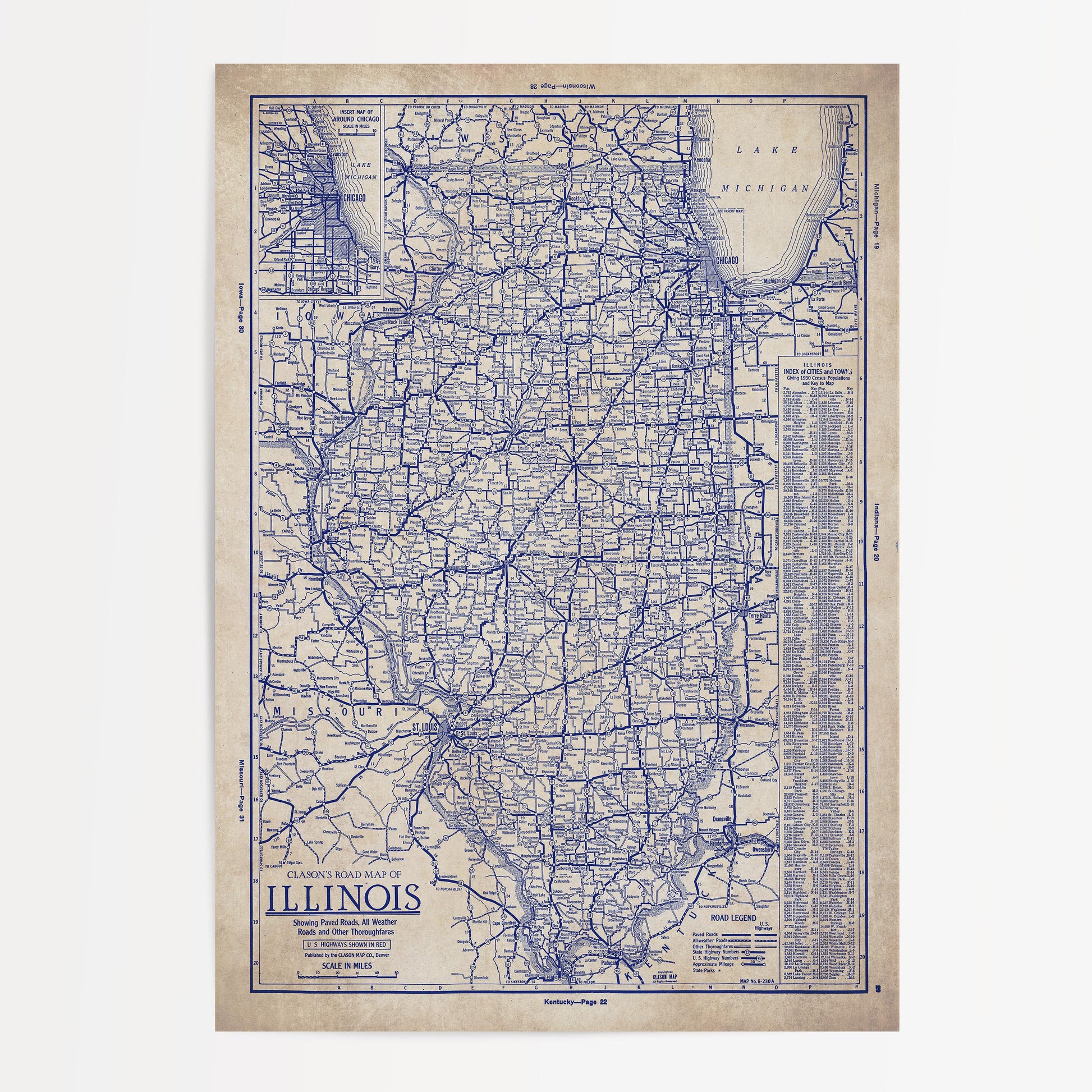 The image is a vintage road map of Illinois, showing the state's major roads and highways.