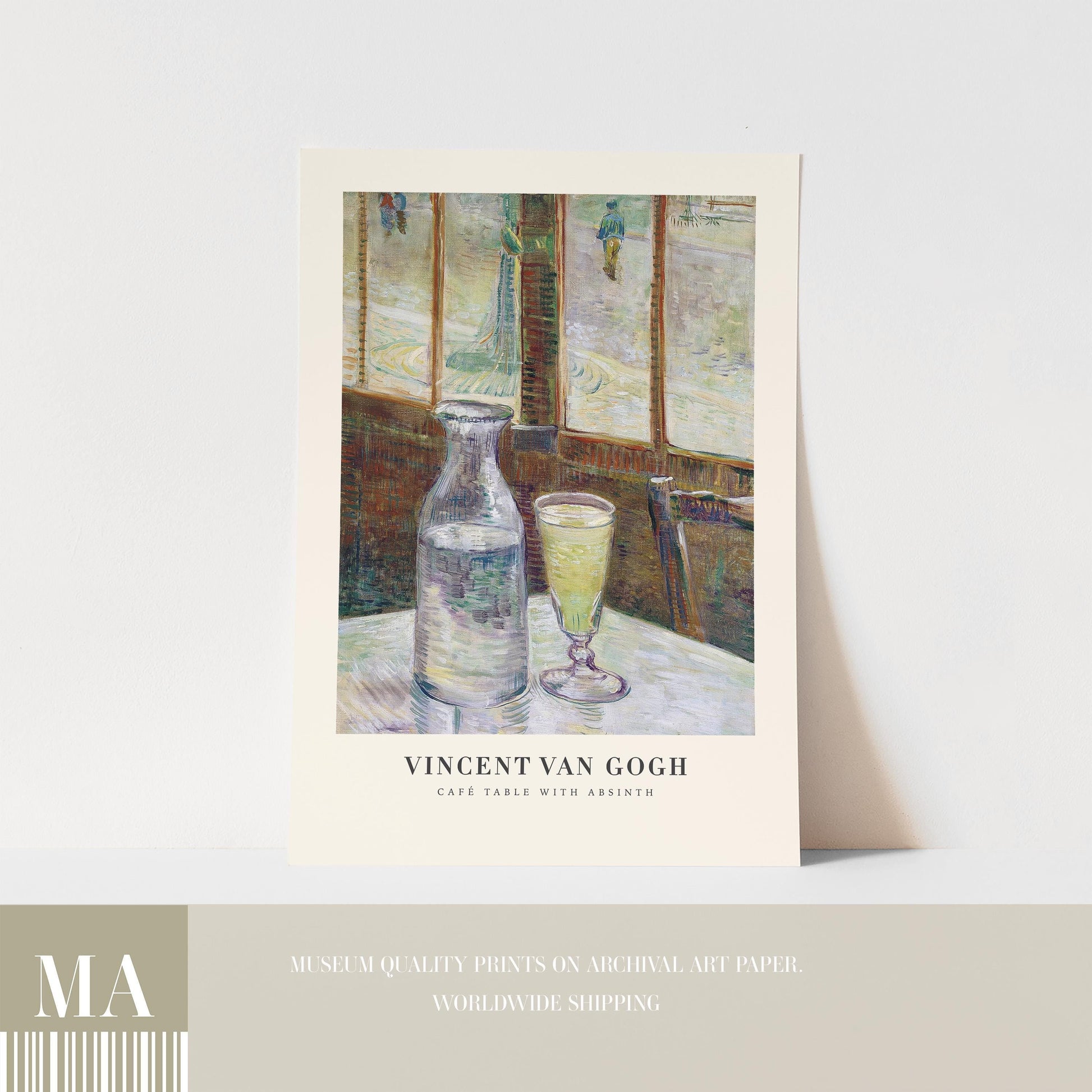 The image is a print of Vincent van Gogh's painting "Café table with absinth" (The Absinth) depicting a table with a glass and a vase.