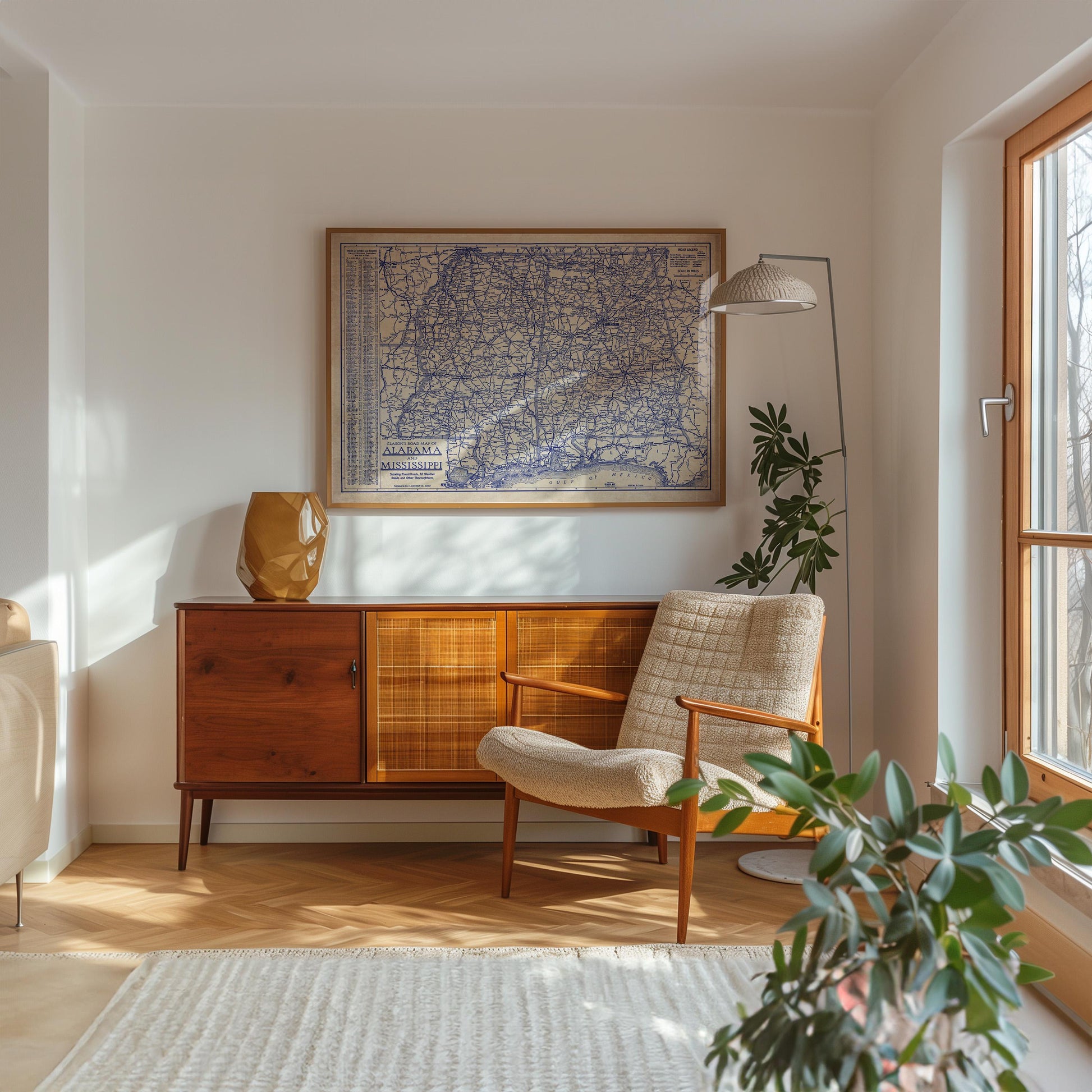 a cozy living room with a wooden cabinet, a comfortable armchair, and a large map on the wall. The room is illuminated by natural light from a window, and there are potted plants and a rug adding to the warm and inviting atmosphere.