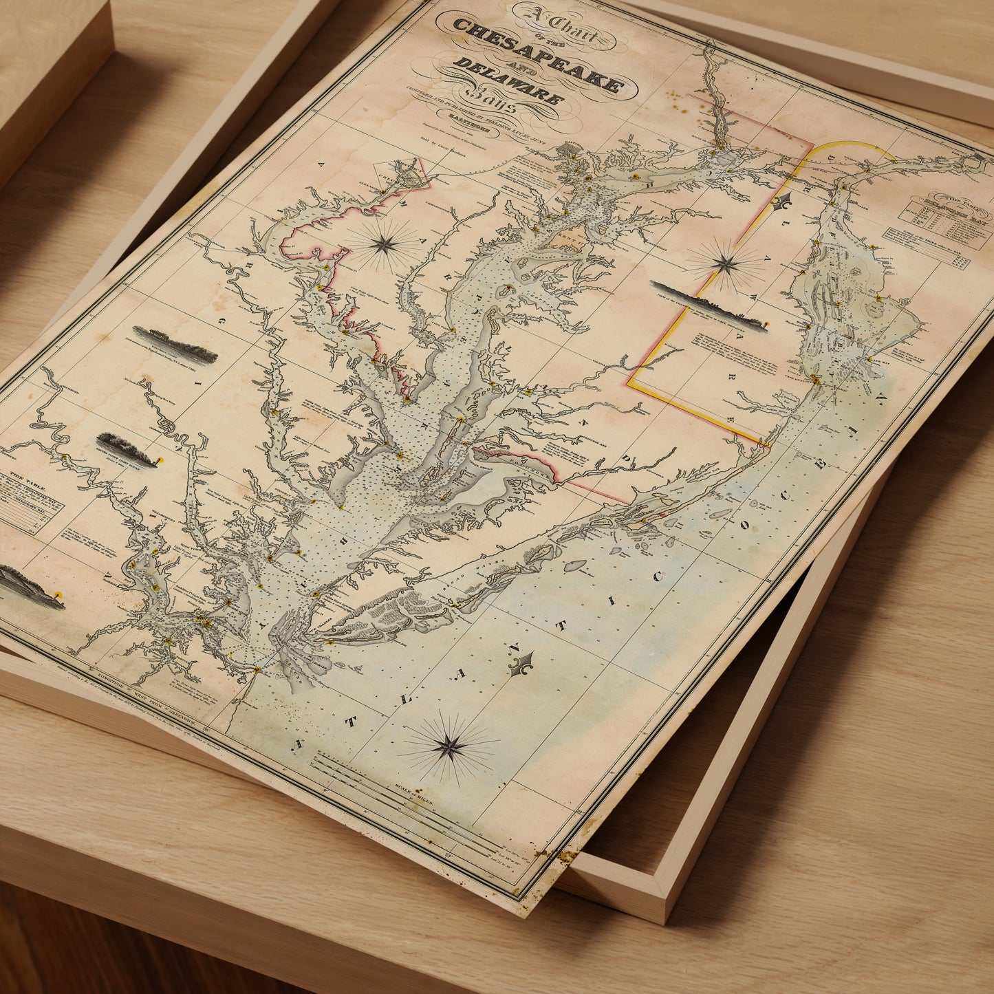 The image is an old map of the Chesapeake Bay region, featuring detailed geographical information and labeled coastlines.