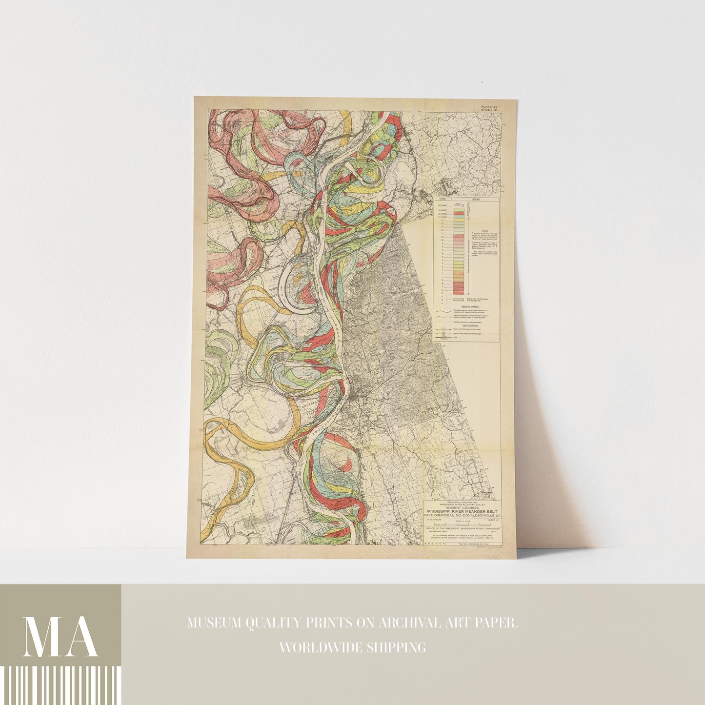 Harold Fisk Mississippi River Map Print, Old River to Morganza, Plate 22, Sheet 12