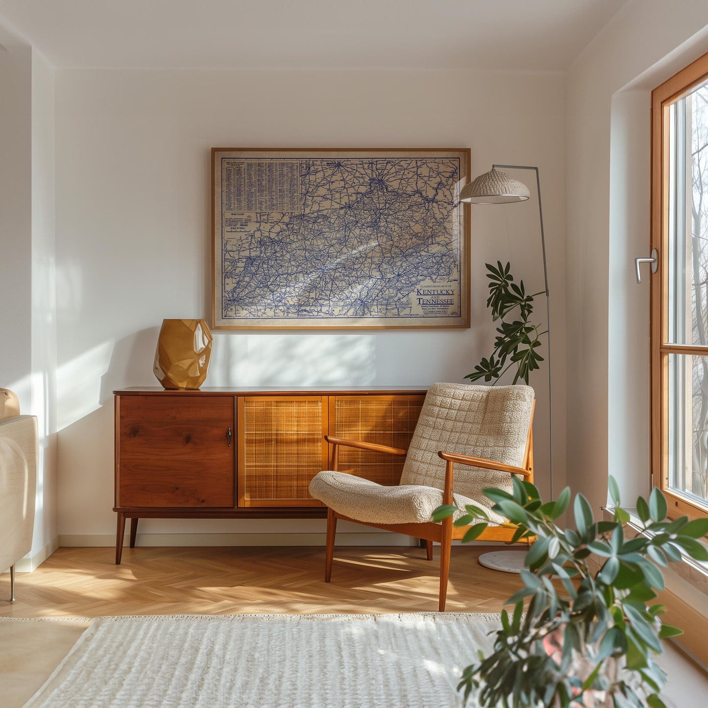 a cozy living room with a wooden cabinet, a comfortable armchair, and a large map on the wall. The room is illuminated by natural light from a window, and there are potted plants and a rug adding to the warm and inviting atmosphere.