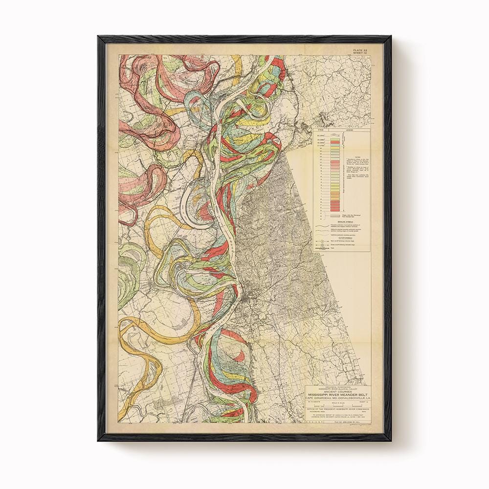 Harold Fisk Mississippi River Map Print, Old River to Morganza, Plate 22, Sheet 12