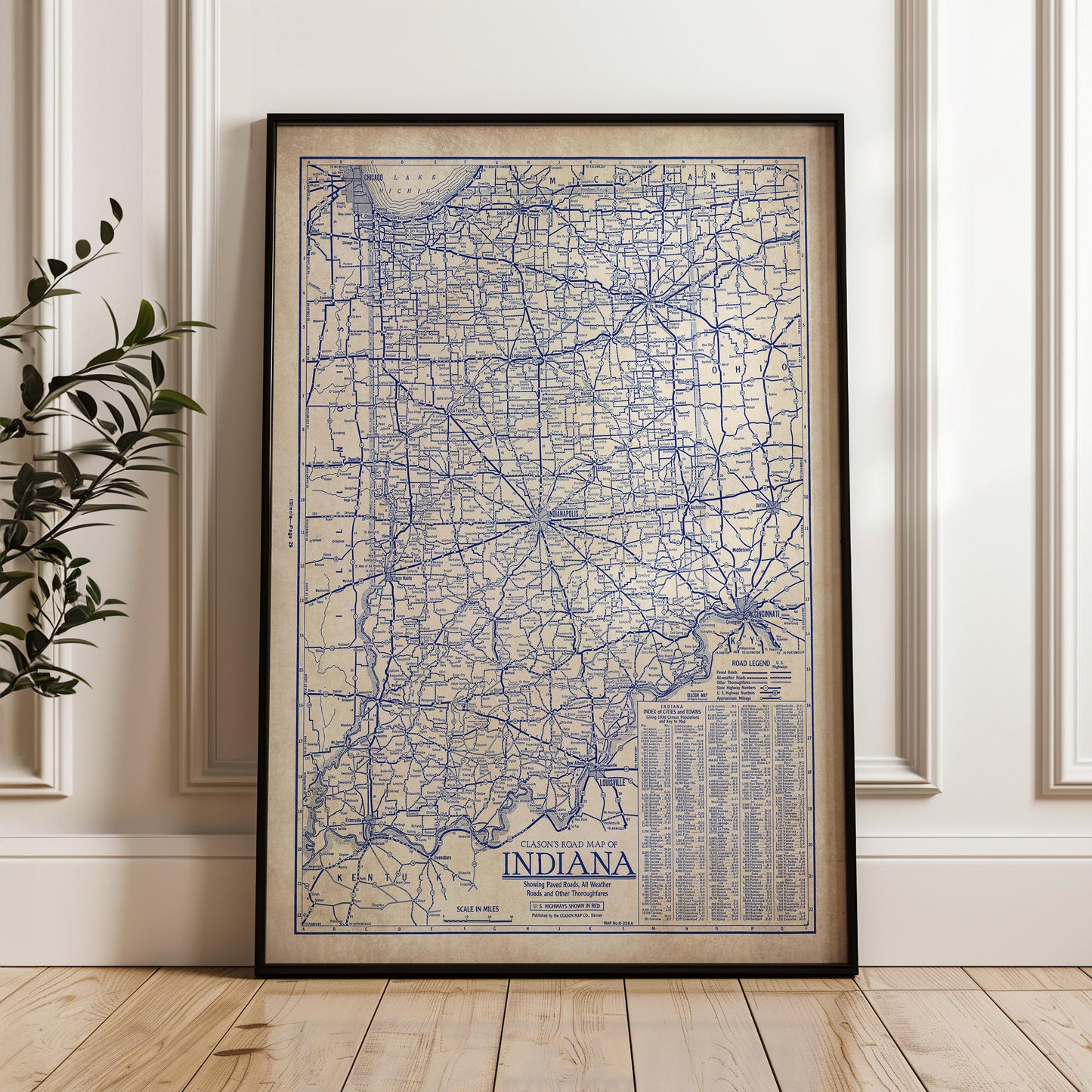 a framed map of Indiana, with a detailed and intricate design.