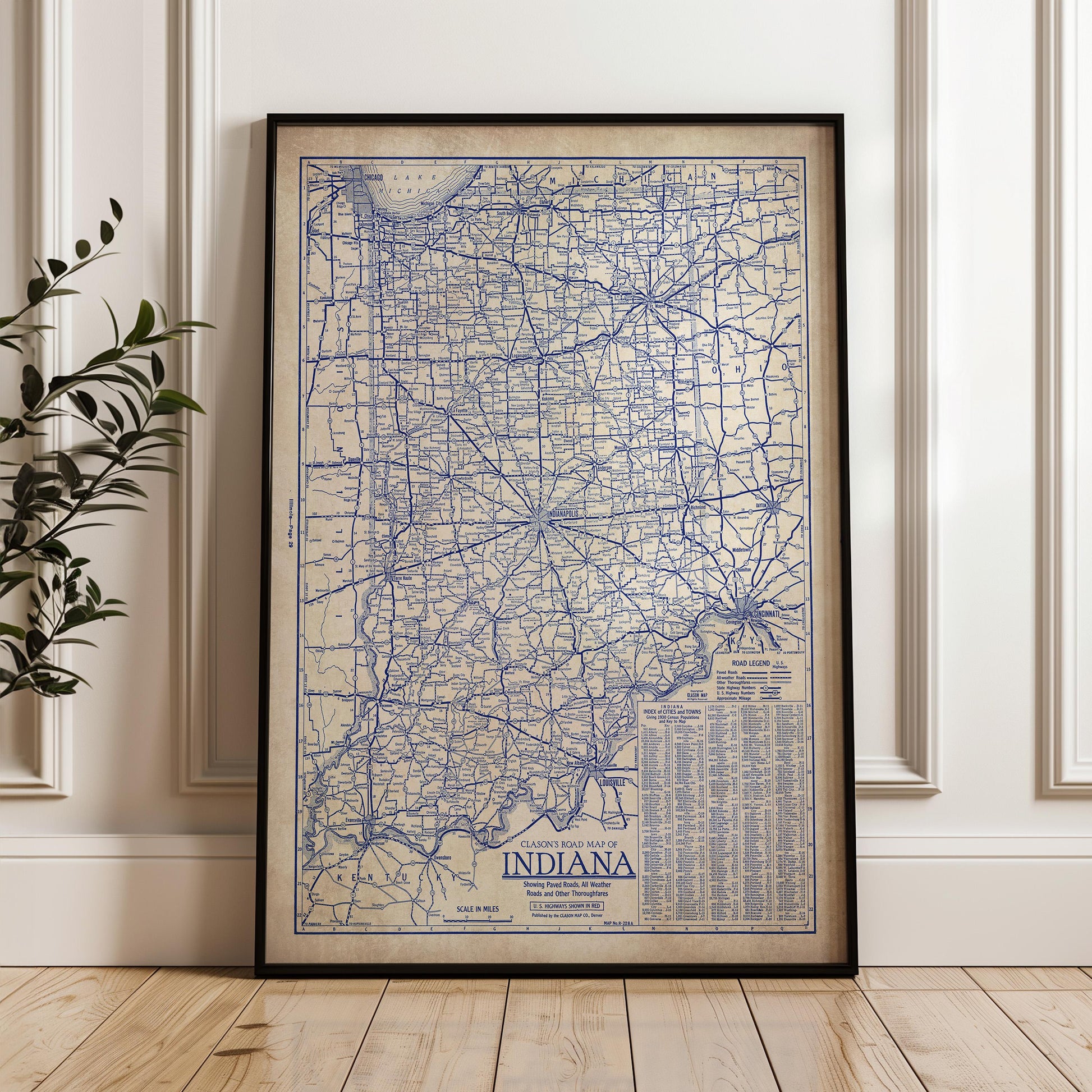 a framed map of Indiana, with a detailed and intricate design.
