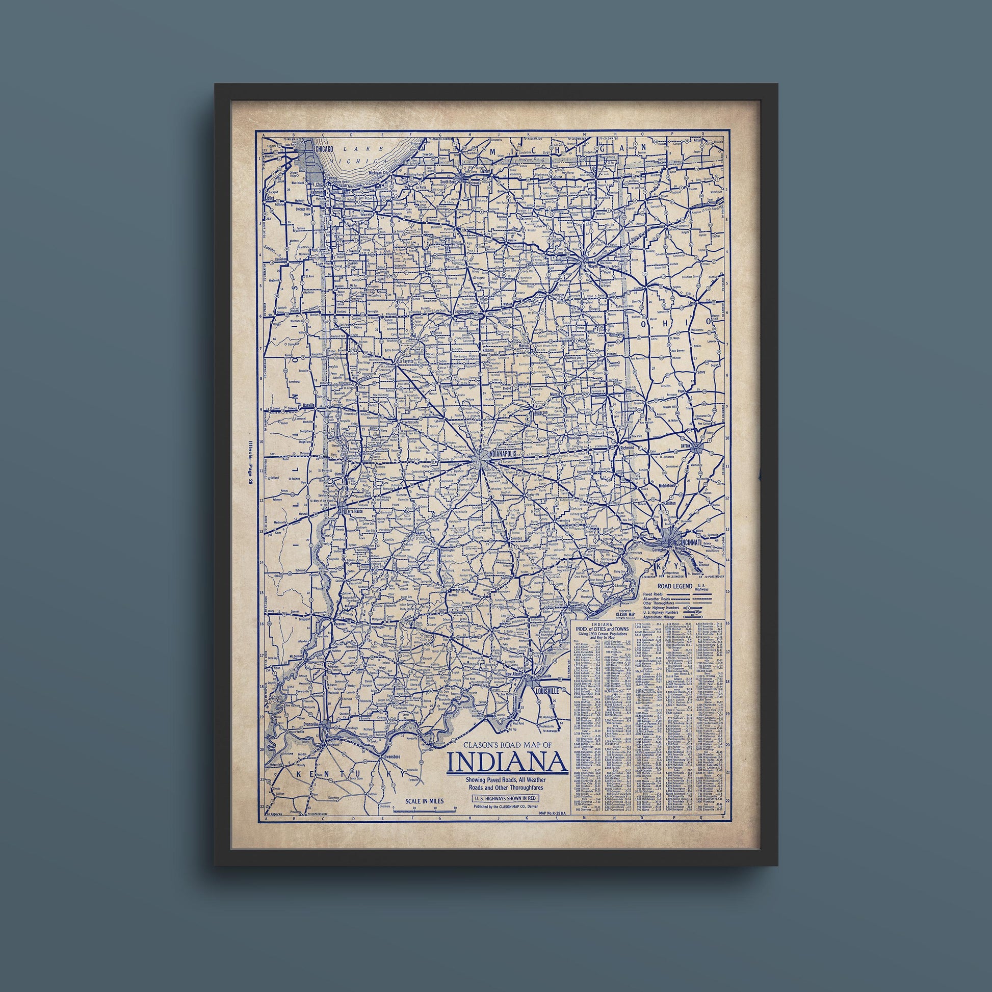 The image is a framed vintage map of Indiana, showing the state's roads and highways in a detailed and detailed manner.