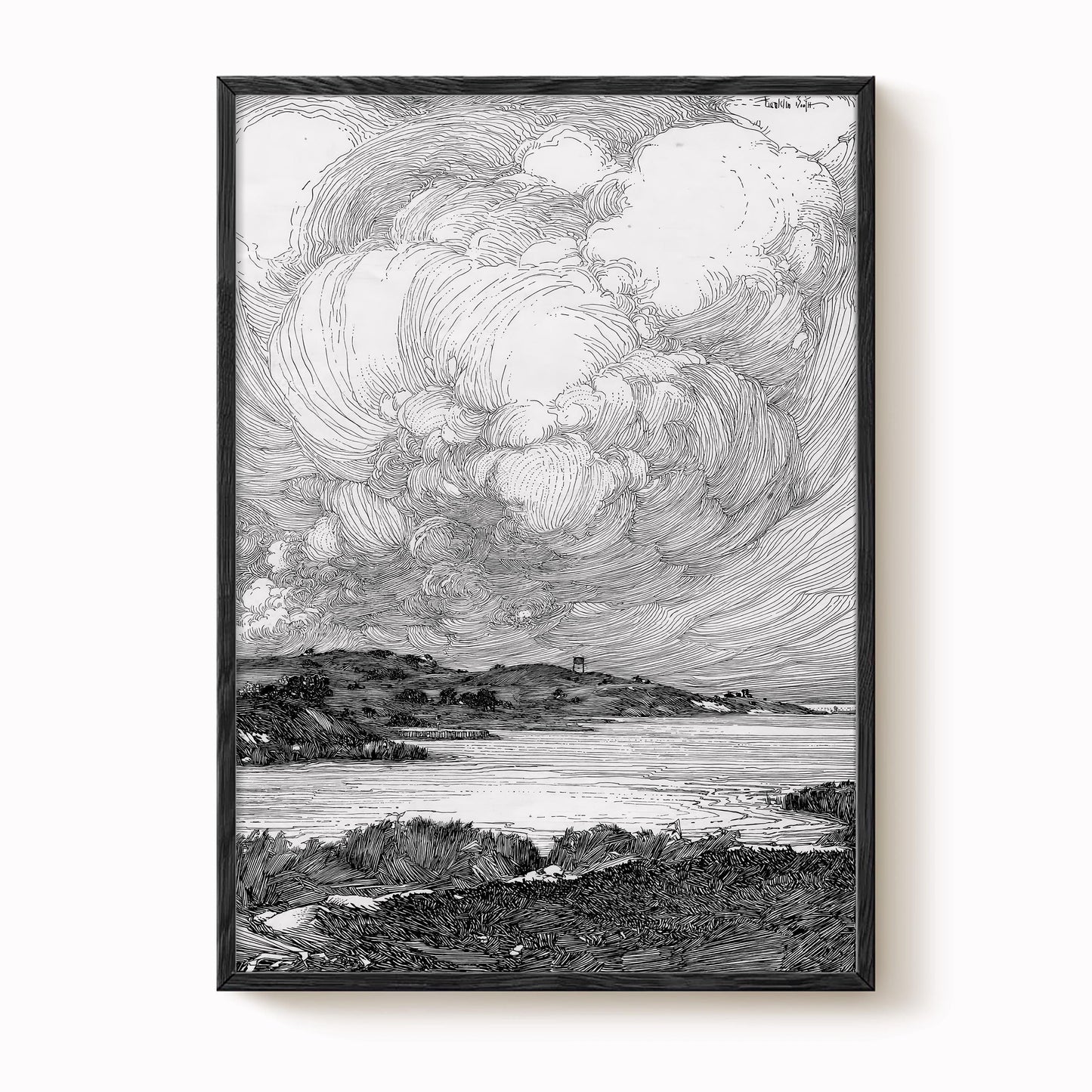 A black and white illustration depicting a serene landscape with a body of water, mountains, and a cloudy sky.