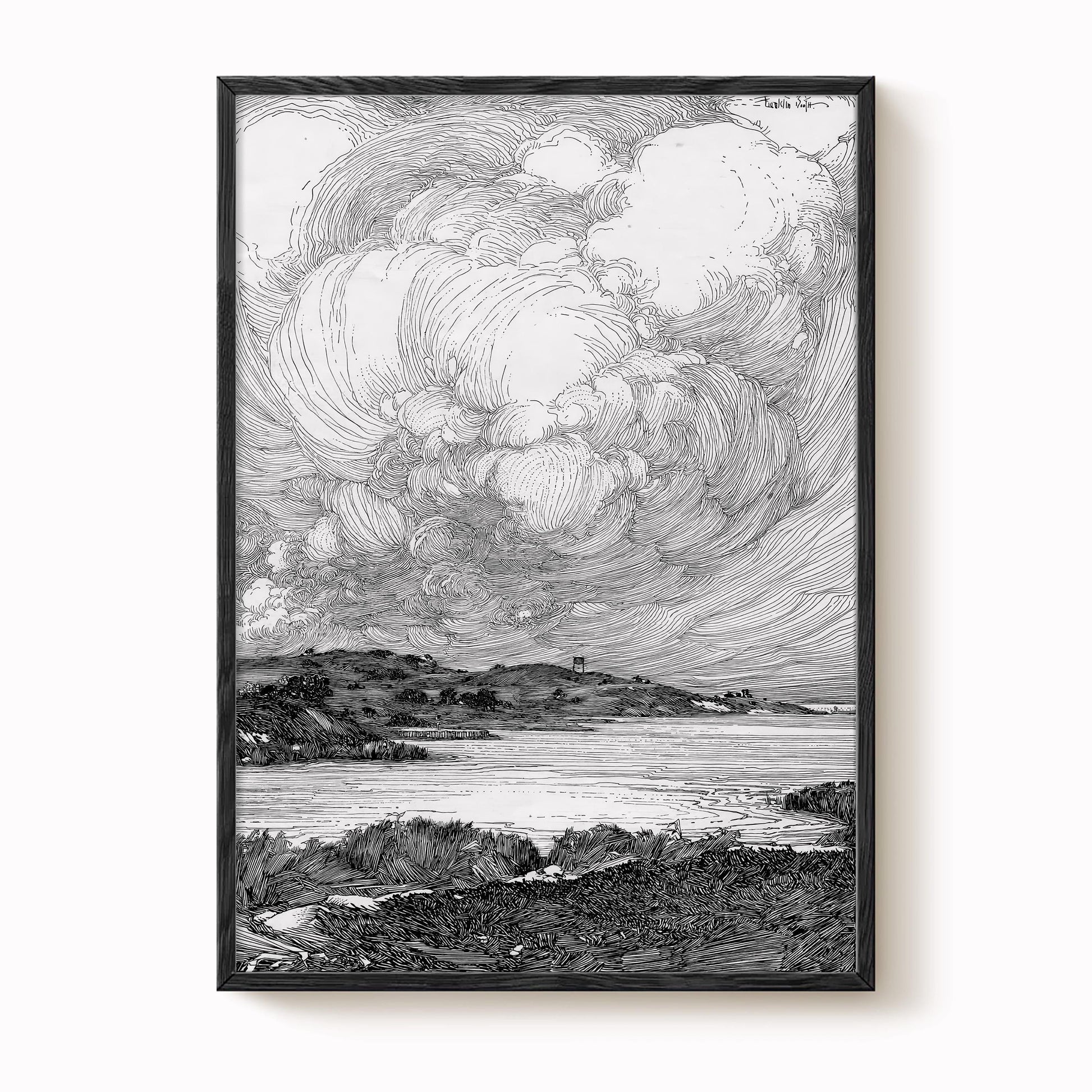 A black and white illustration depicting a serene landscape with a body of water, mountains, and a cloudy sky.