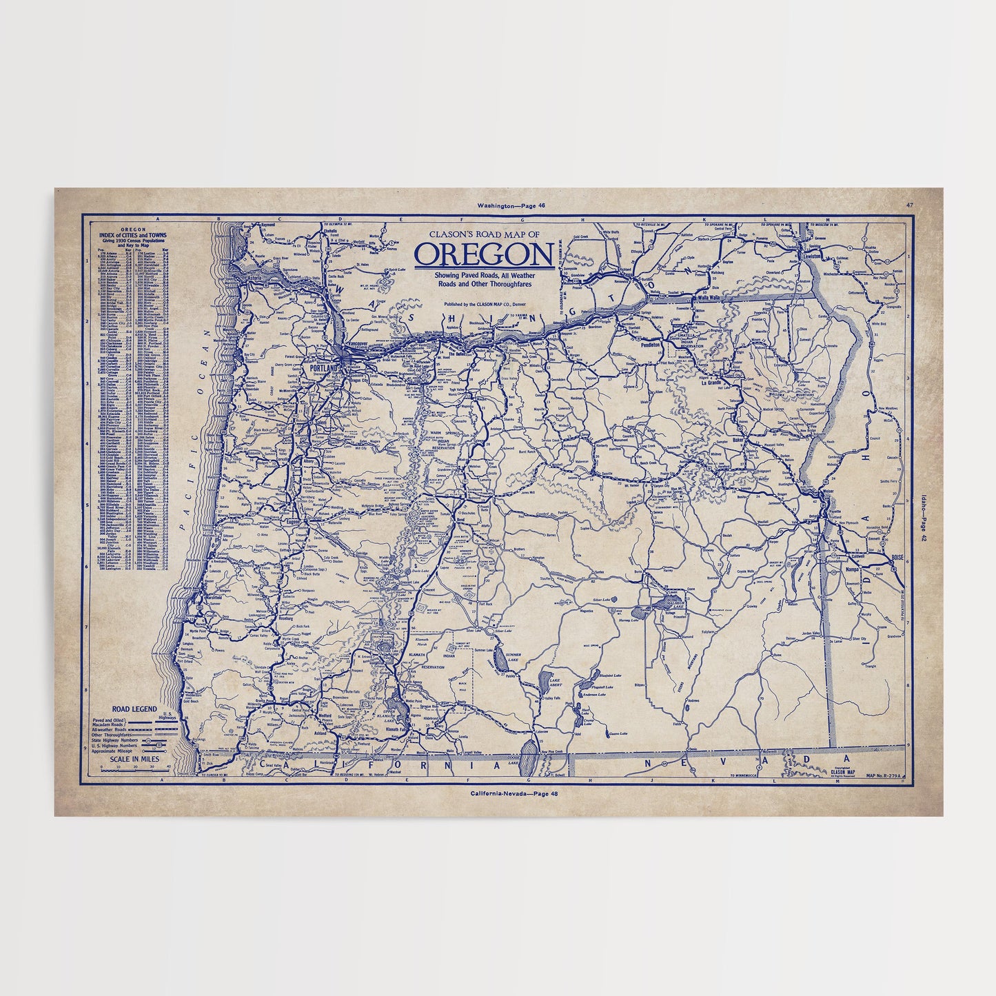The image is a vintage map of Oregon, showing the state's roads and highways in blue.