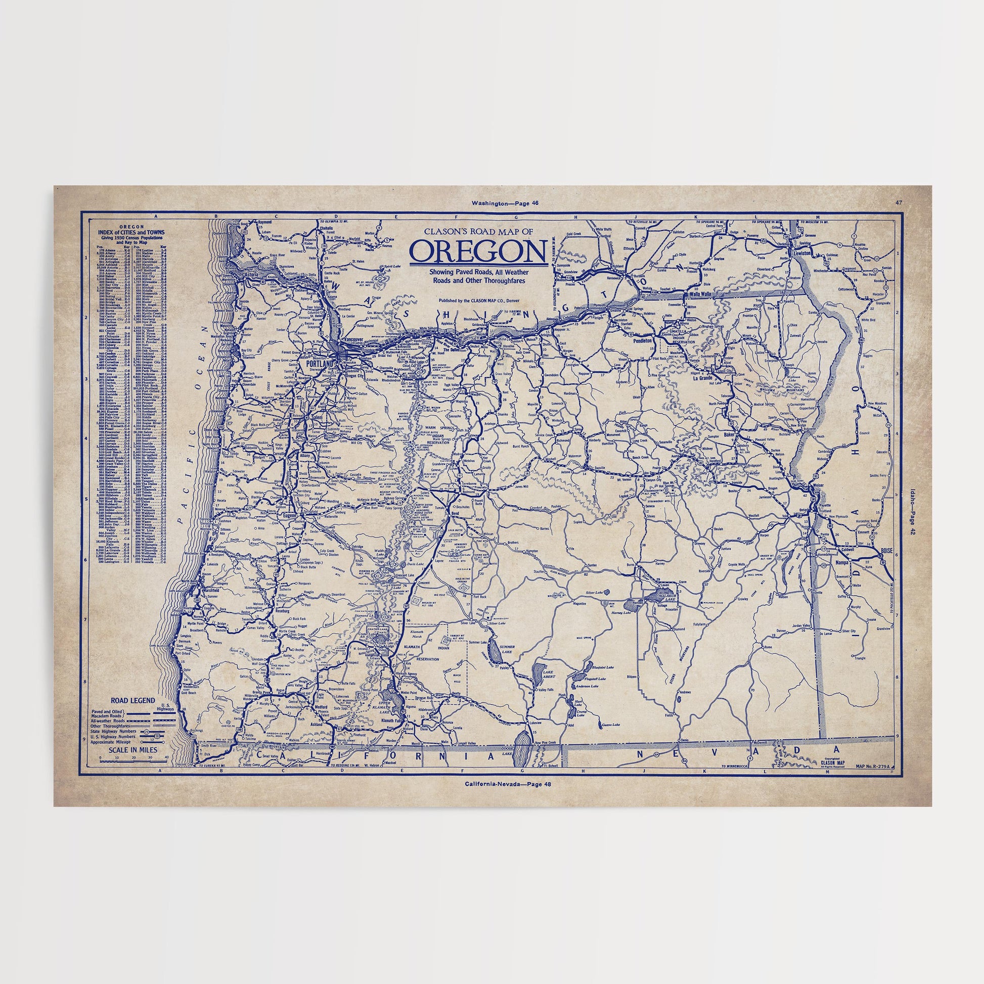 The image is a vintage map of Oregon, showing the state's roads and highways in blue.