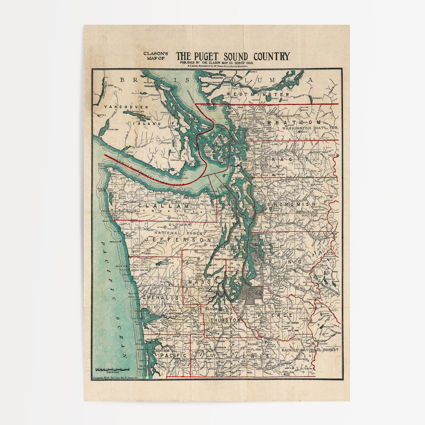The image is a vintage map of the Puget Sound Country, depicting the region's geographical layout and surrounding areas.