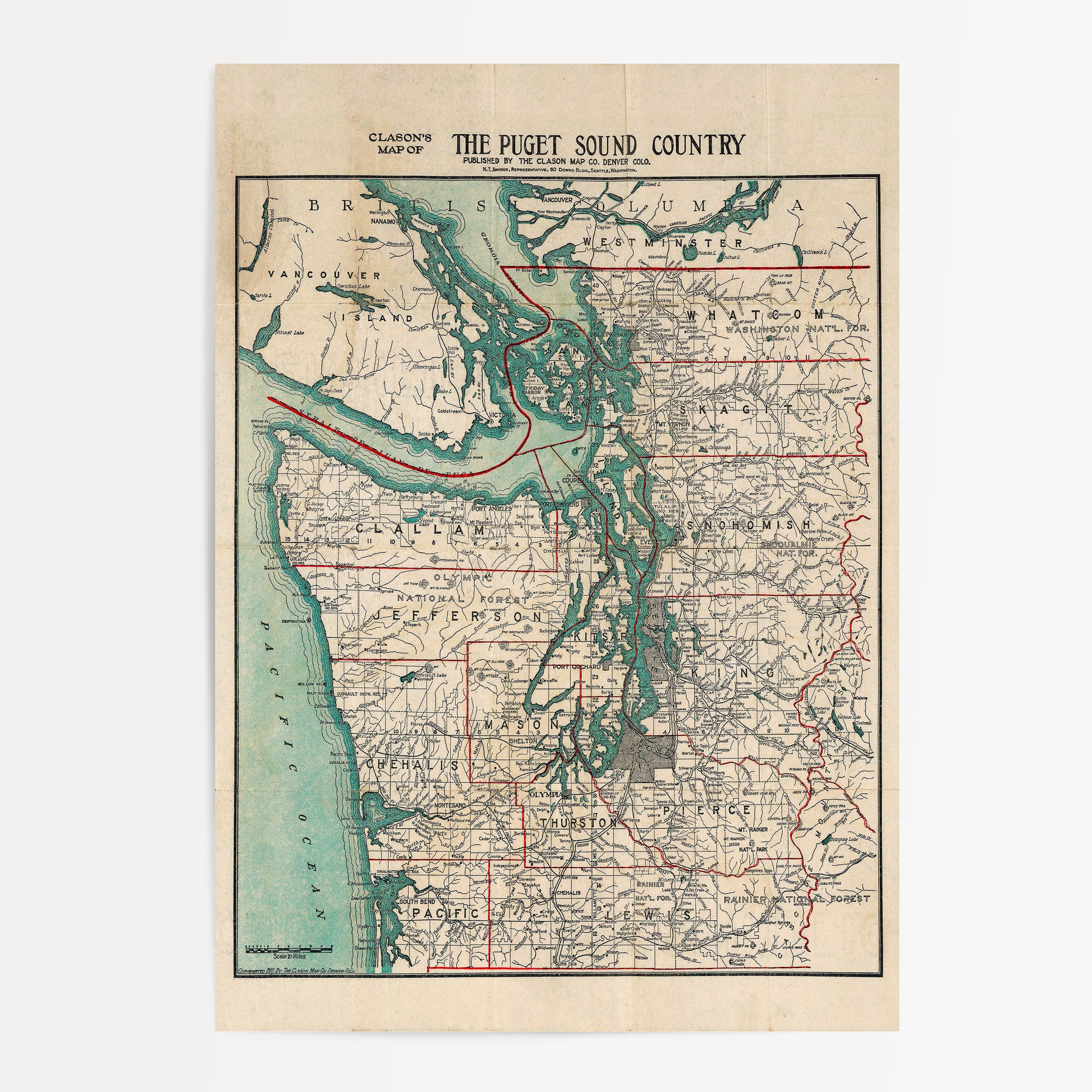 The image is a vintage map of the Puget Sound Country, depicting the region's geographical layout and surrounding areas.