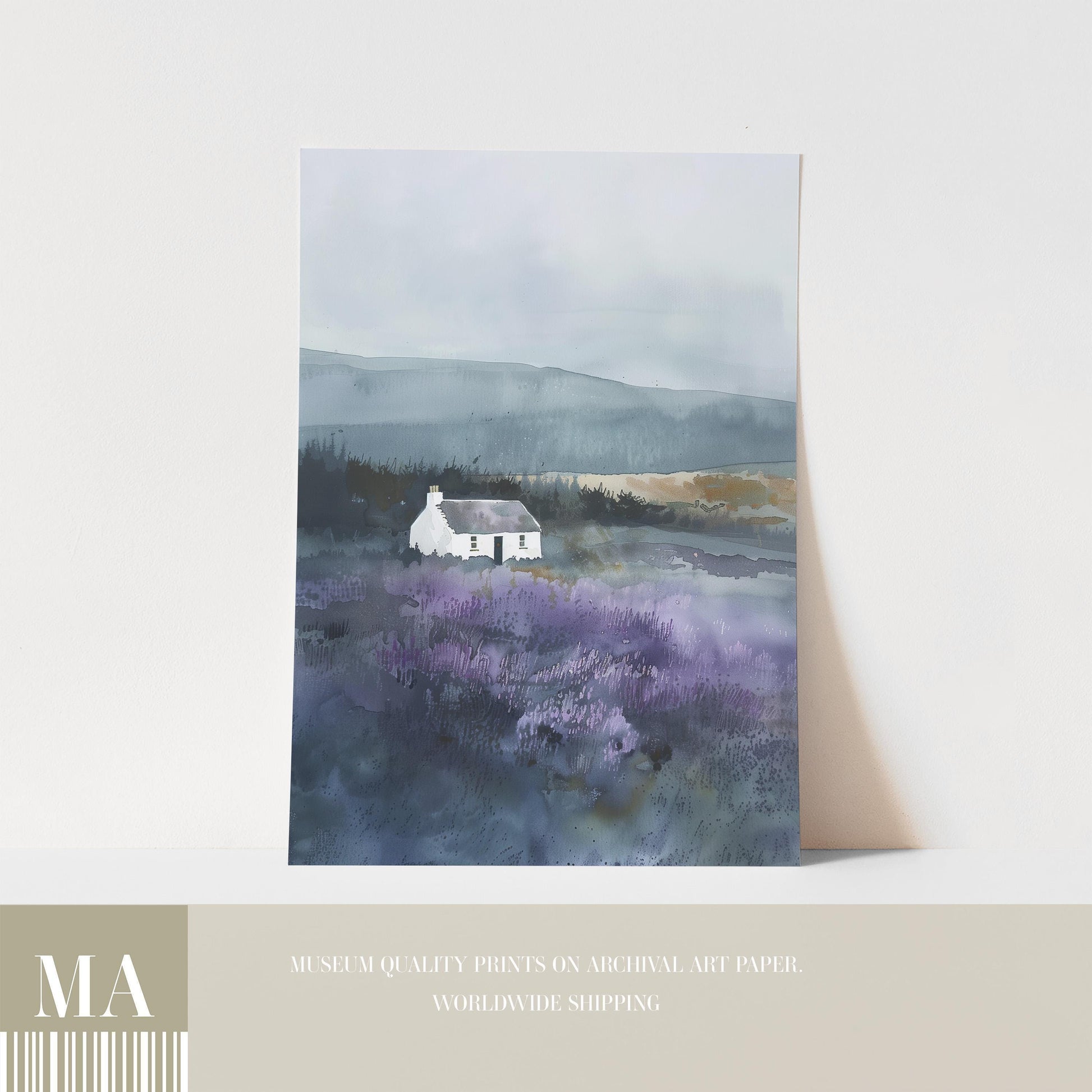 The image is a watercolor painting depicting a small white house surrounded by a field of purple flowers, set against a backdrop of rolling hills and a cloudy sky.