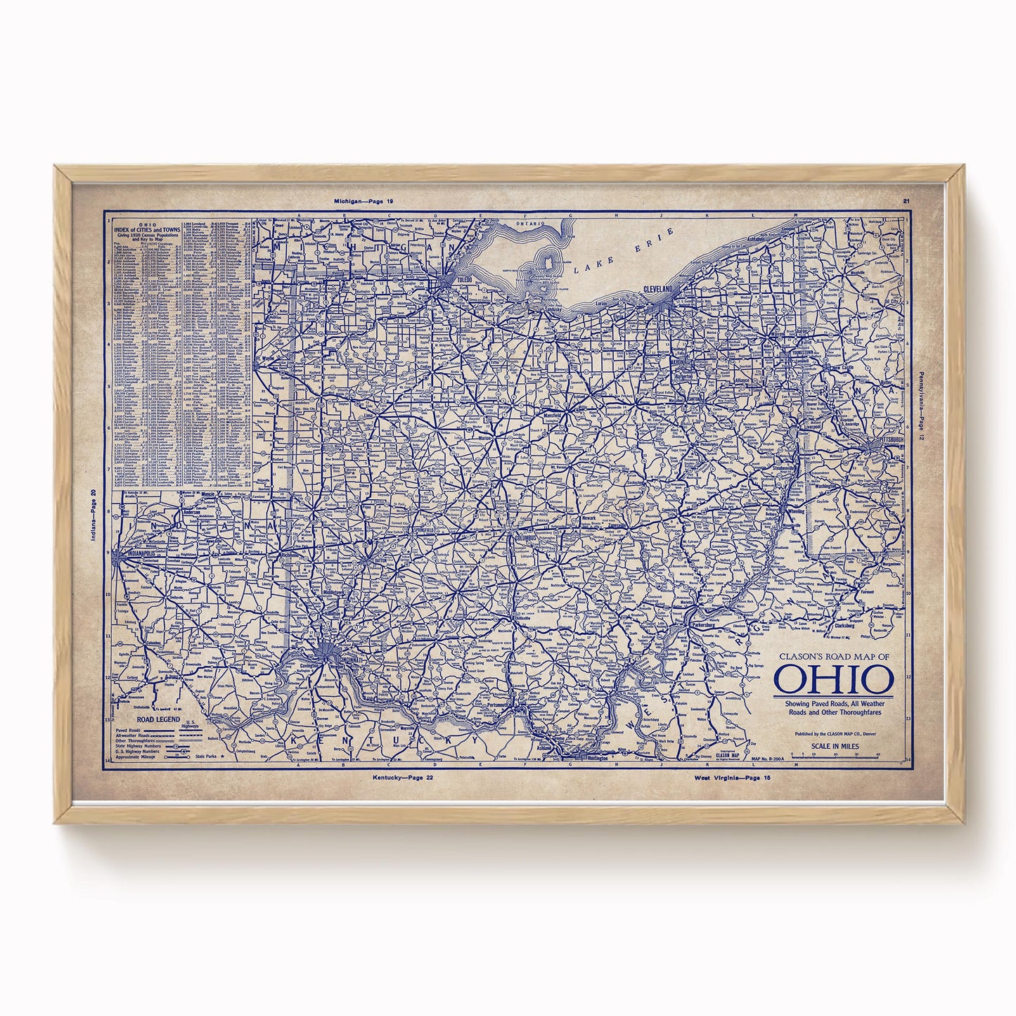 The image is a vintage map of Ohio, showing the state's roads and highways in a detailed and intricate manner.