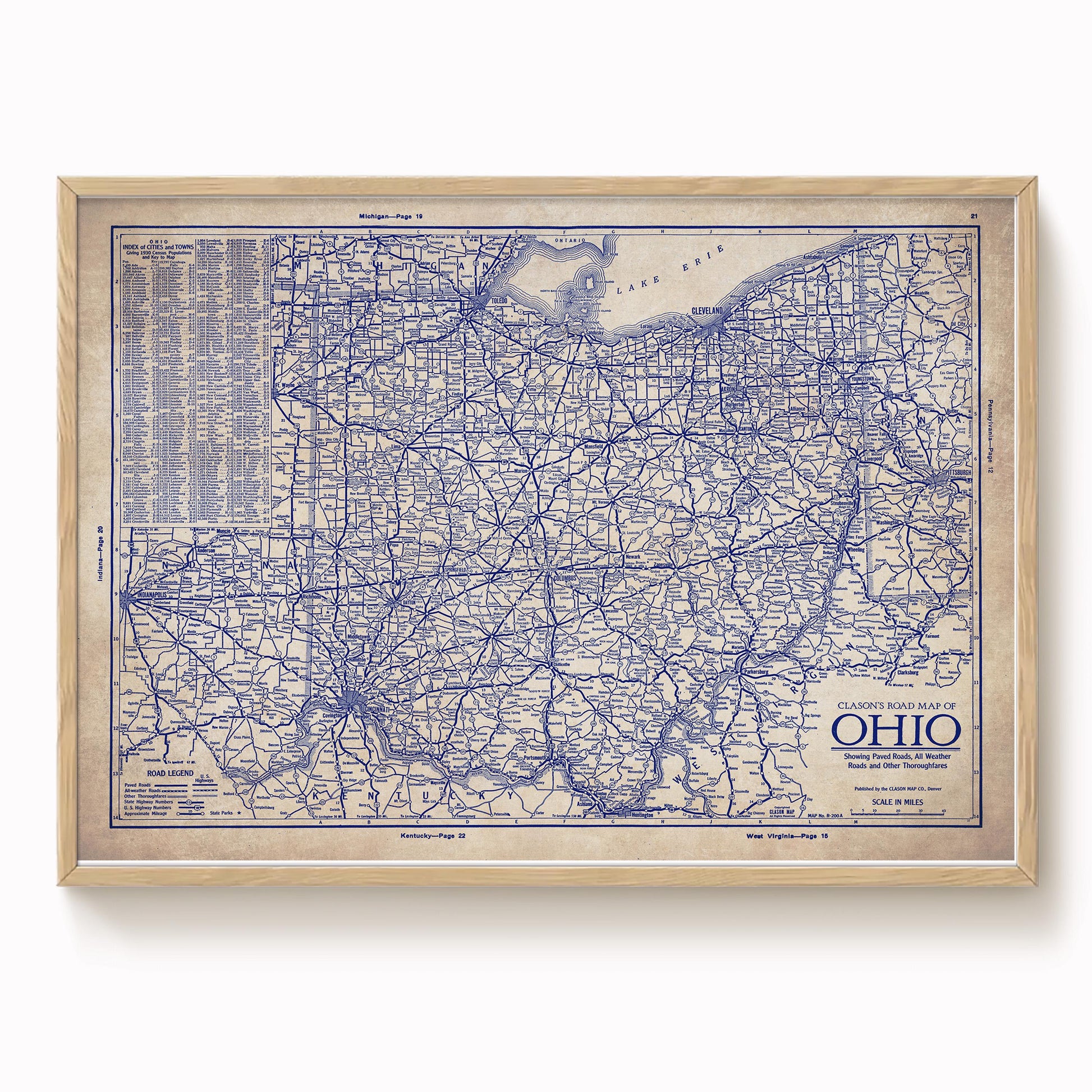The image is a vintage map of Ohio, showing the state's roads and highways in a detailed and intricate manner.