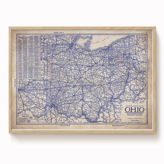 The image is a vintage map of Ohio, showing the state's roads and highways in a detailed and intricate manner.