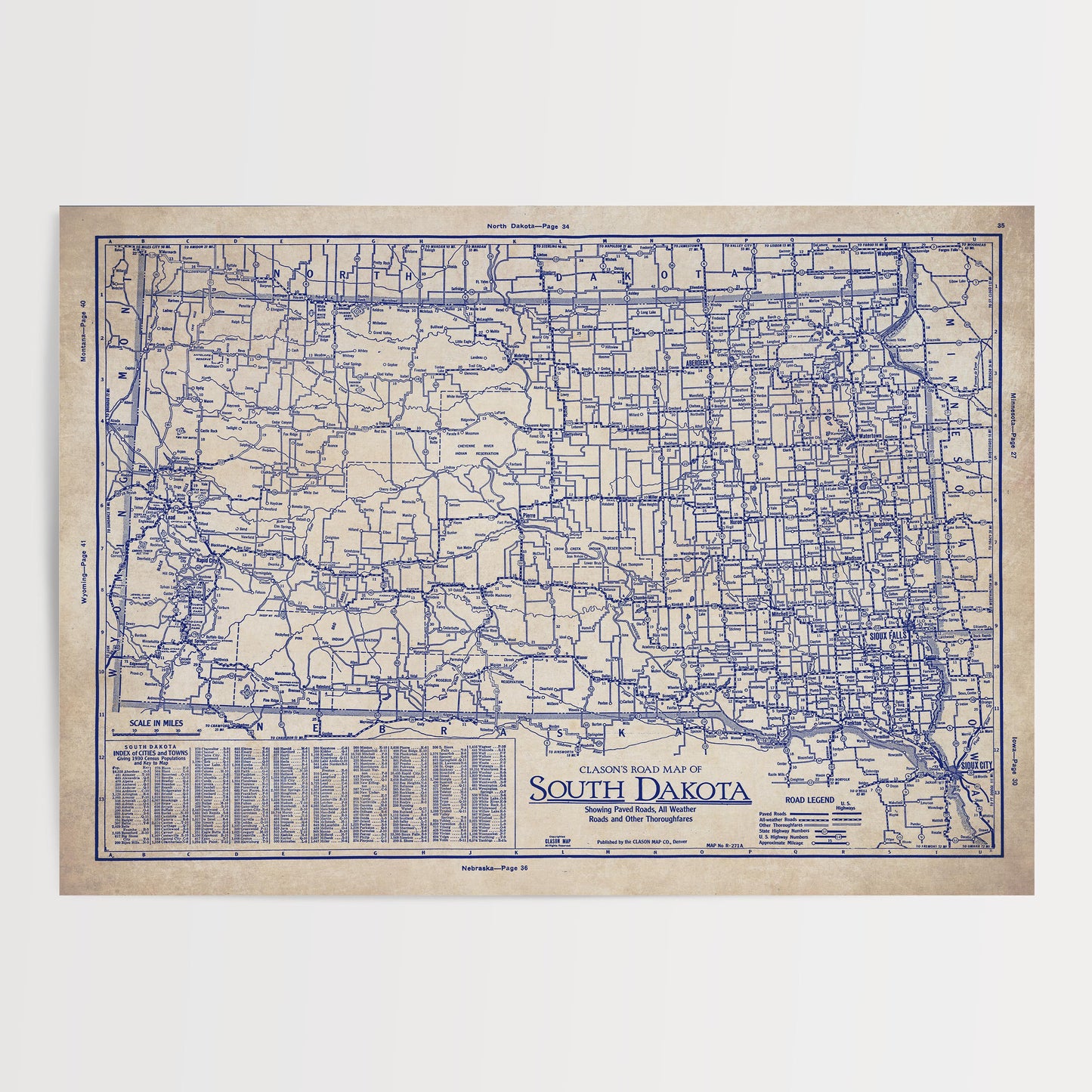 The image is a vintage road map of South Dakota, showing the state's major highways and roads.