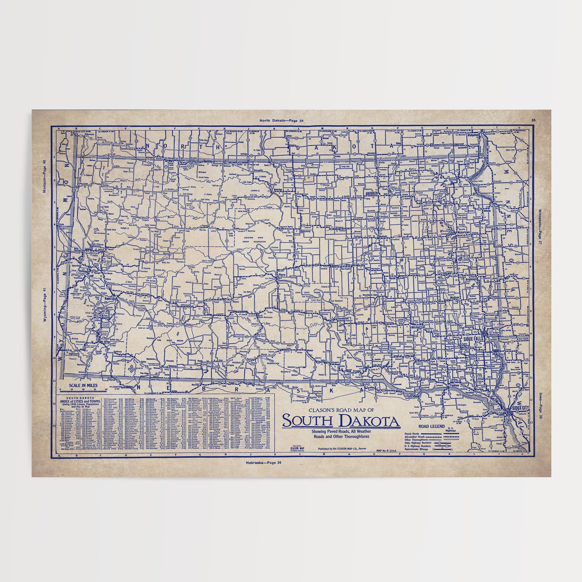 The image is a vintage road map of South Dakota, showing the state's major highways and roads.