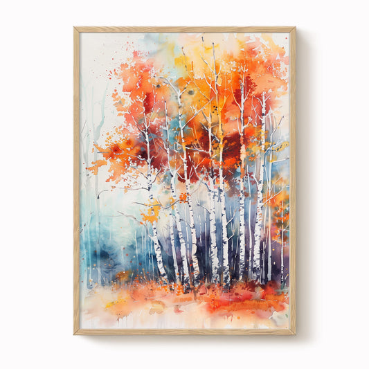 Autumn Birch Trees Watercolour Print