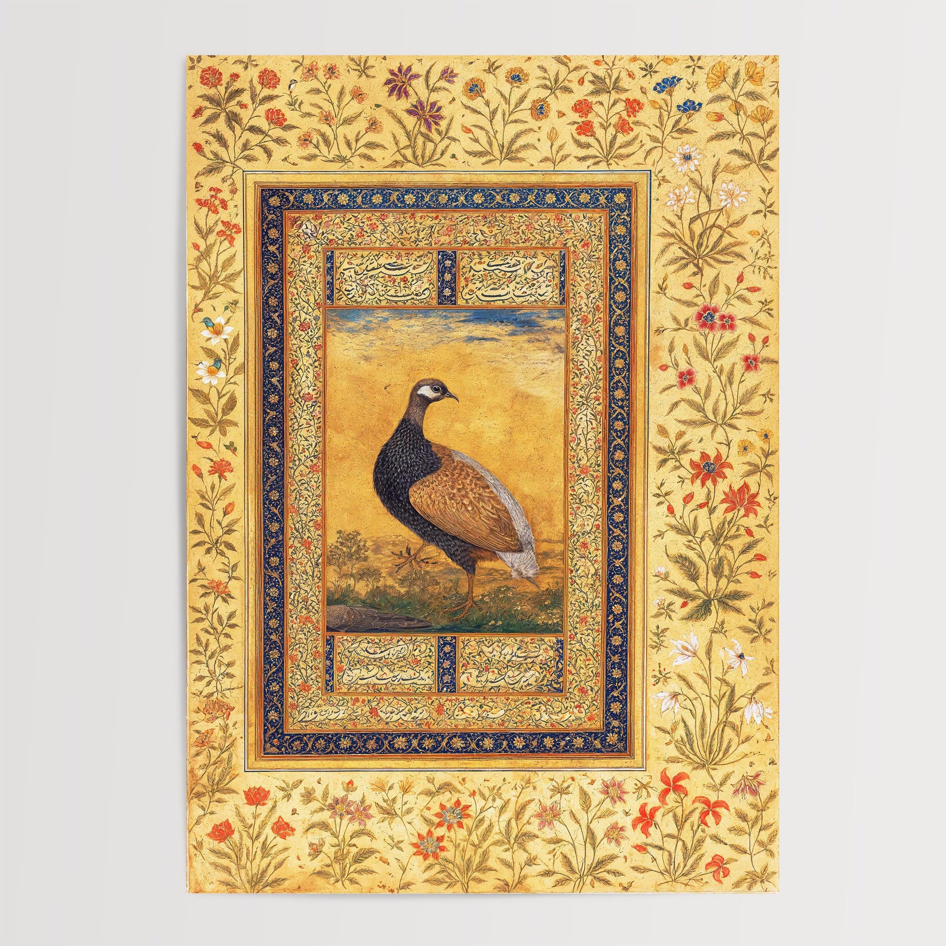 The image is a framed painting of a bird, likely a quail, set against a floral background. The painting is framed with intricate floral designs and the bird is positioned in the center of the frame.